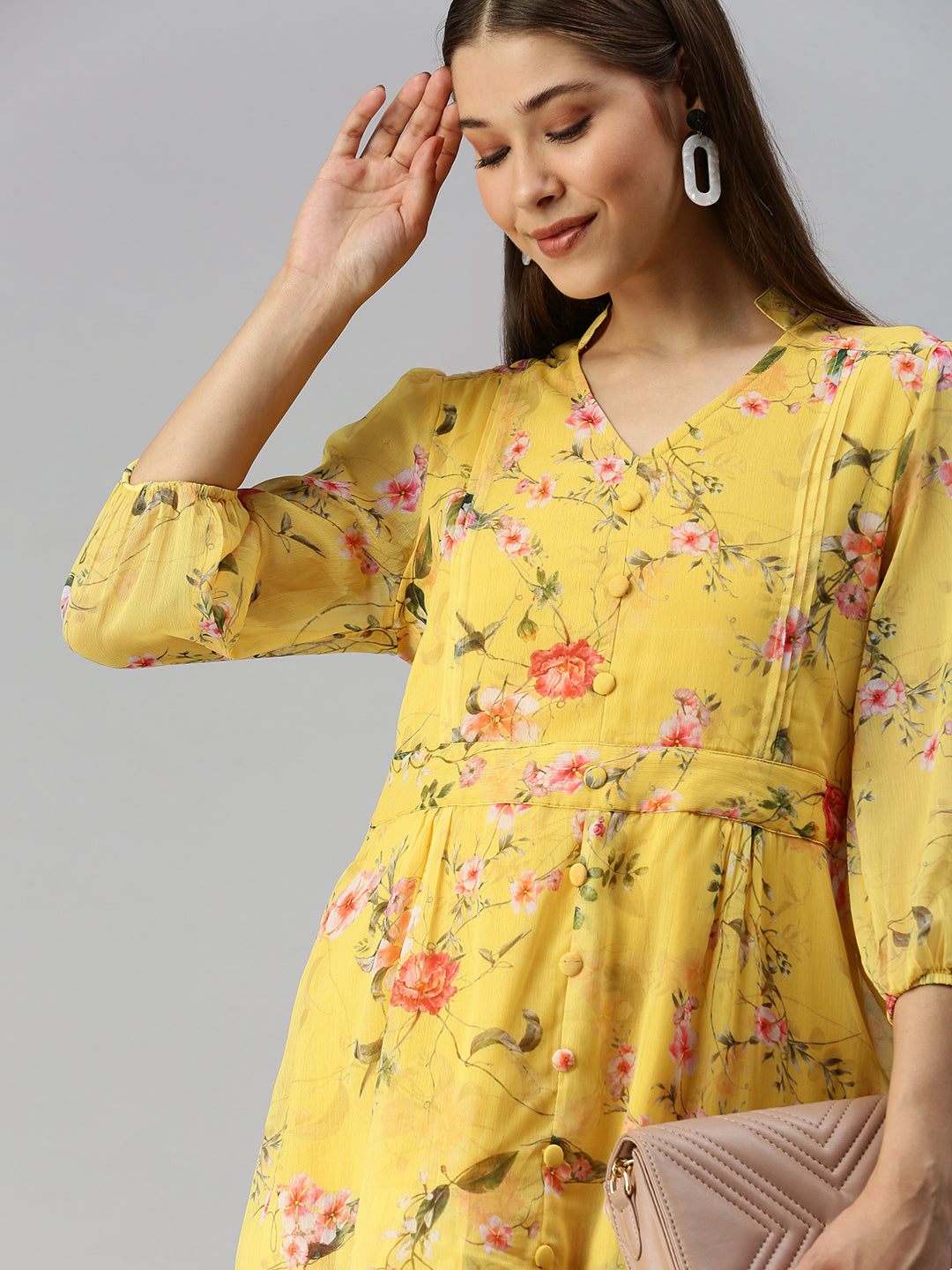 Women's Yellow Printed Fit and Flare Dress