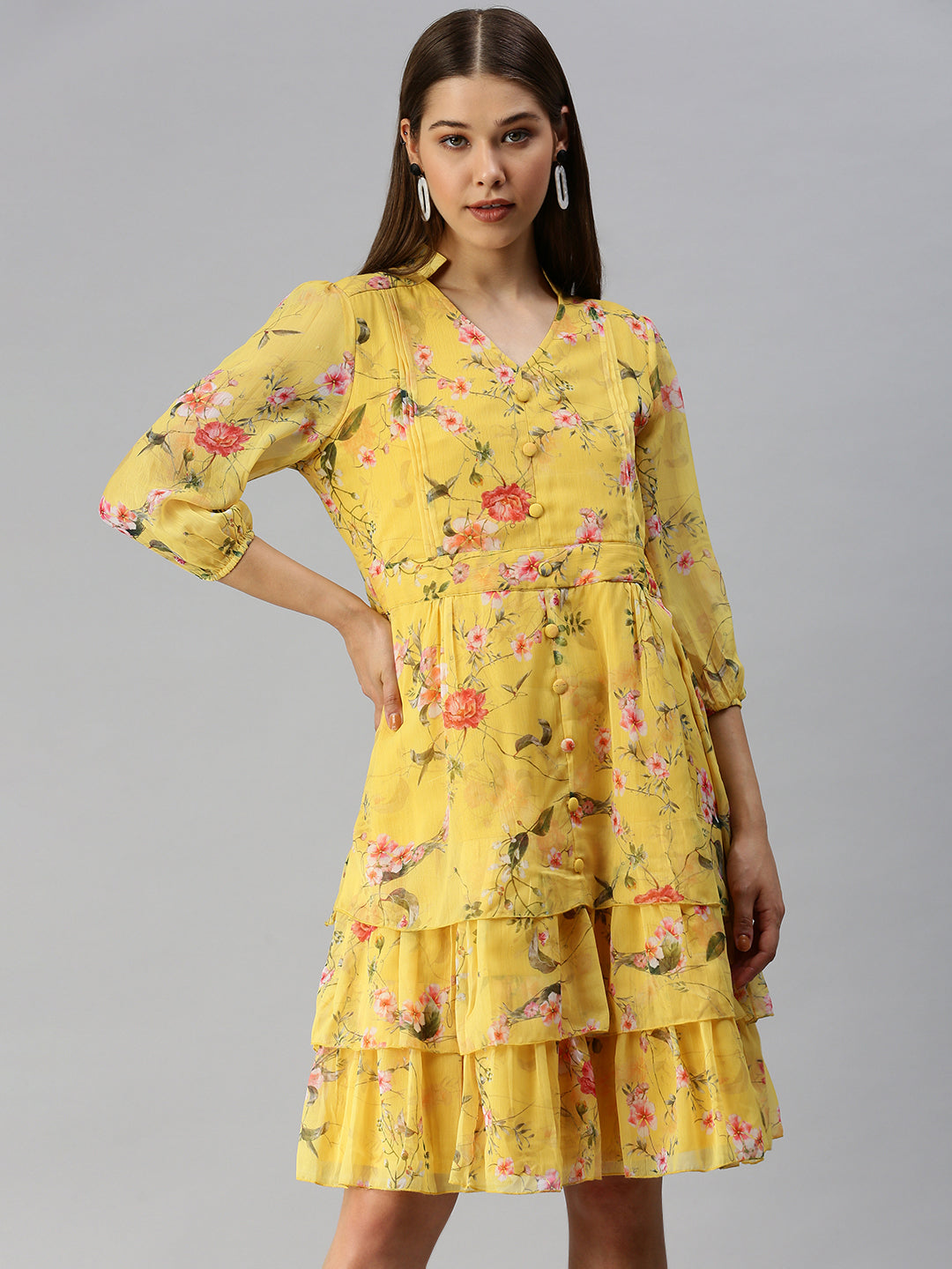 Women's Yellow Printed Fit and Flare Dress