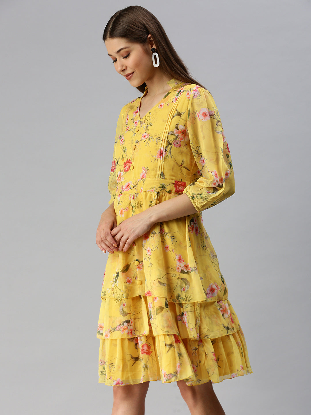 Women's Yellow Printed Fit and Flare Dress