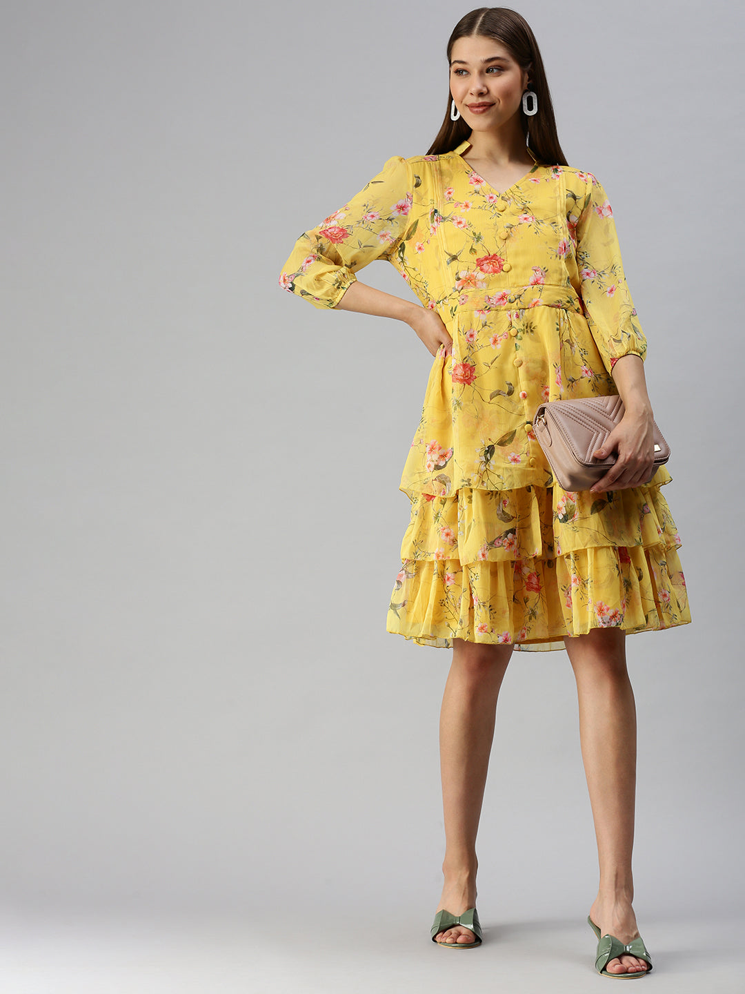 Women's Yellow Printed Fit and Flare Dress