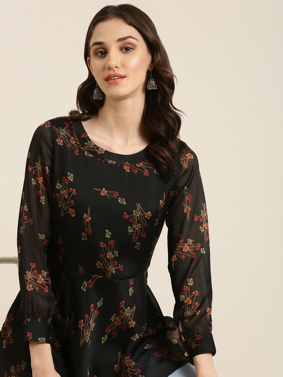 Women Black Floral A-Line Kurti