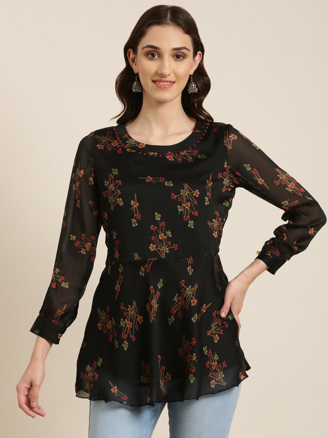 Women Black Floral A-Line Kurti