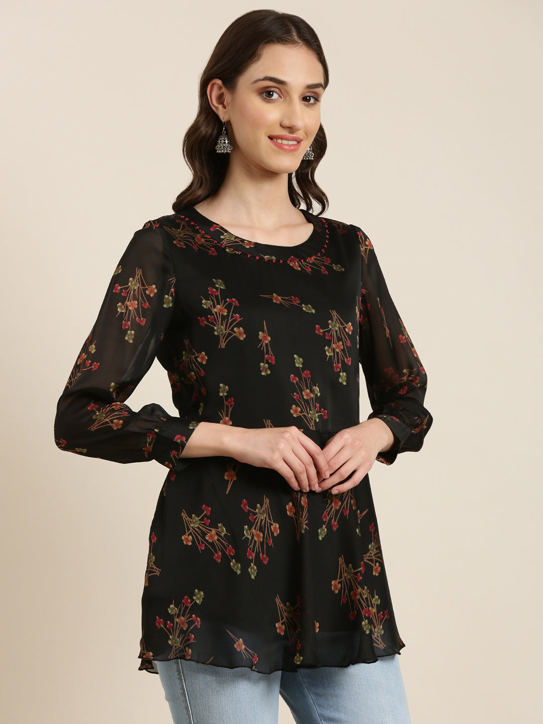 Women Black Floral A-Line Kurti