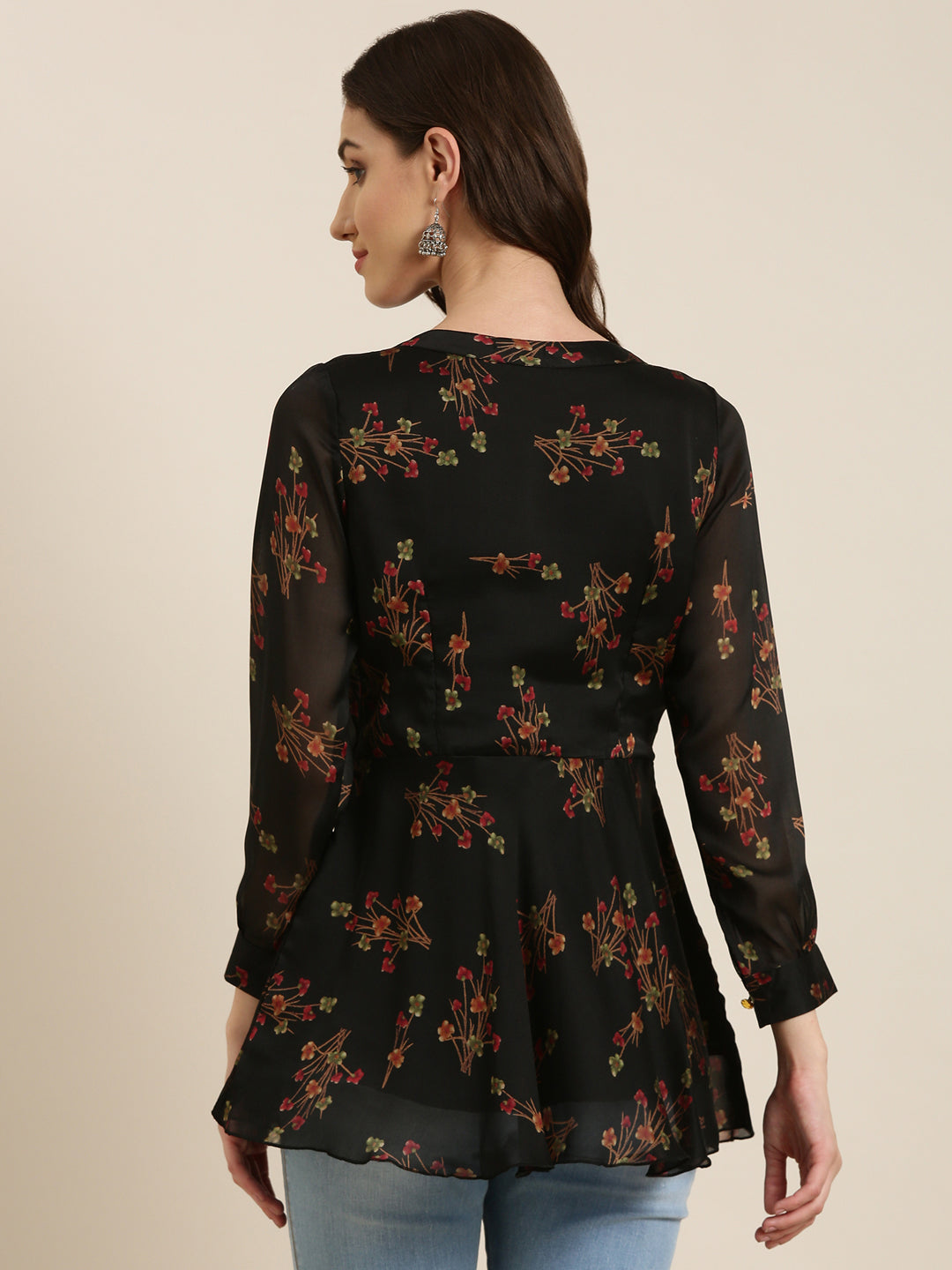 Women Black Floral A-Line Kurti