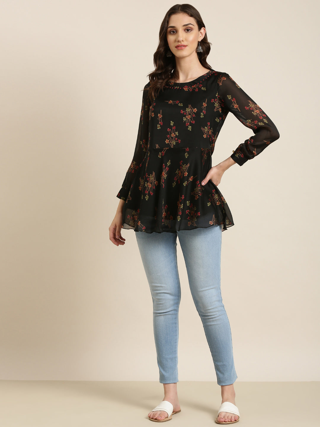 Women Black Floral A-Line Kurti