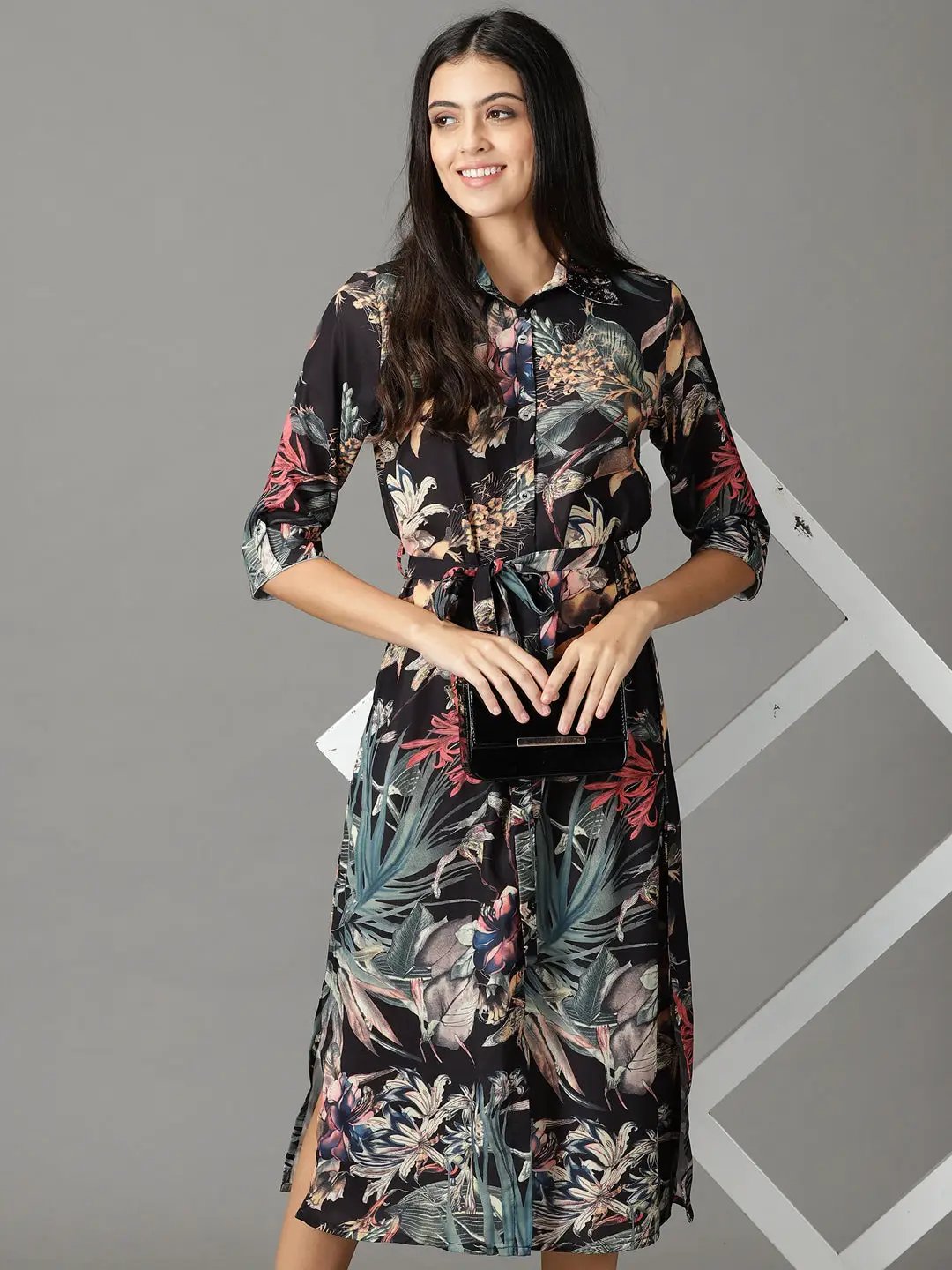 Women's Black Printed Shirt Dress