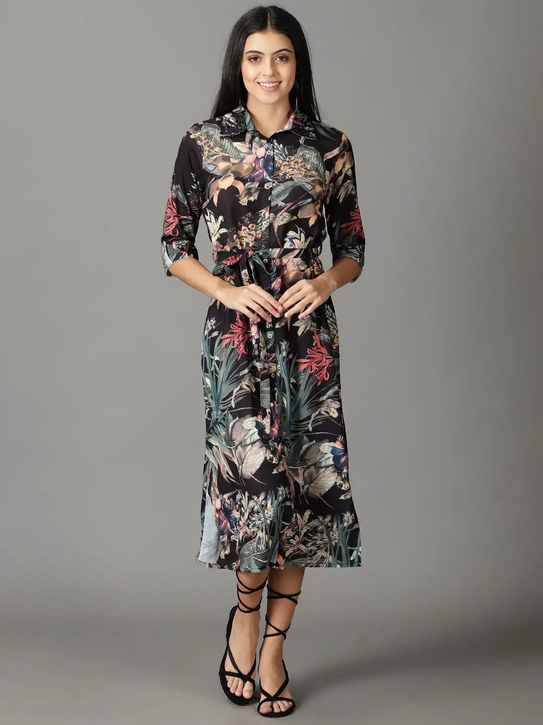 Women's Black Printed Shirt Dress