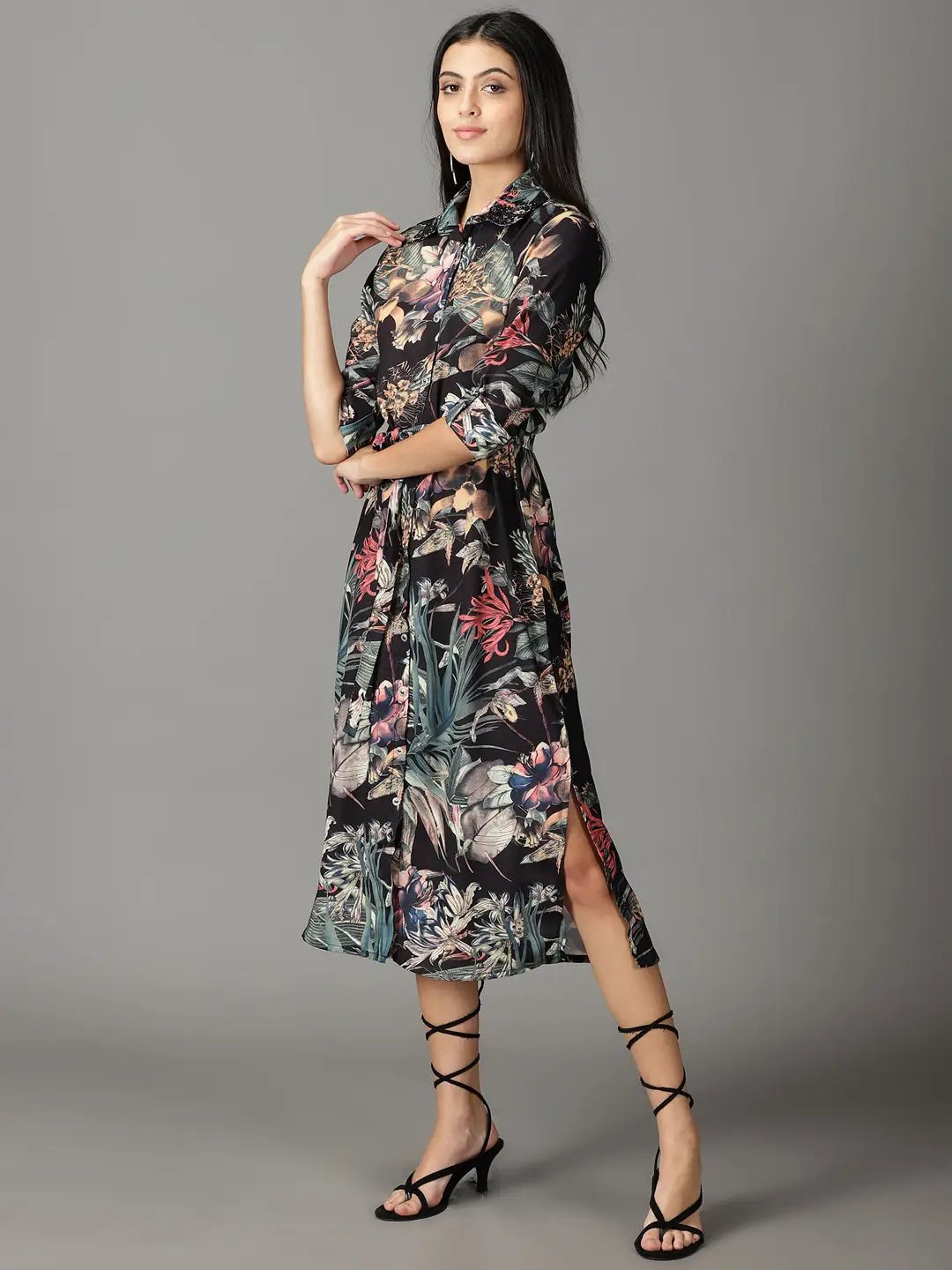 Women's Black Printed Shirt Dress