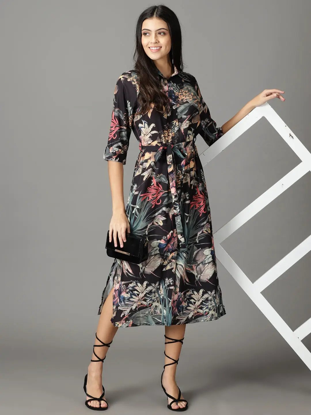 Women's Black Printed Shirt Dress