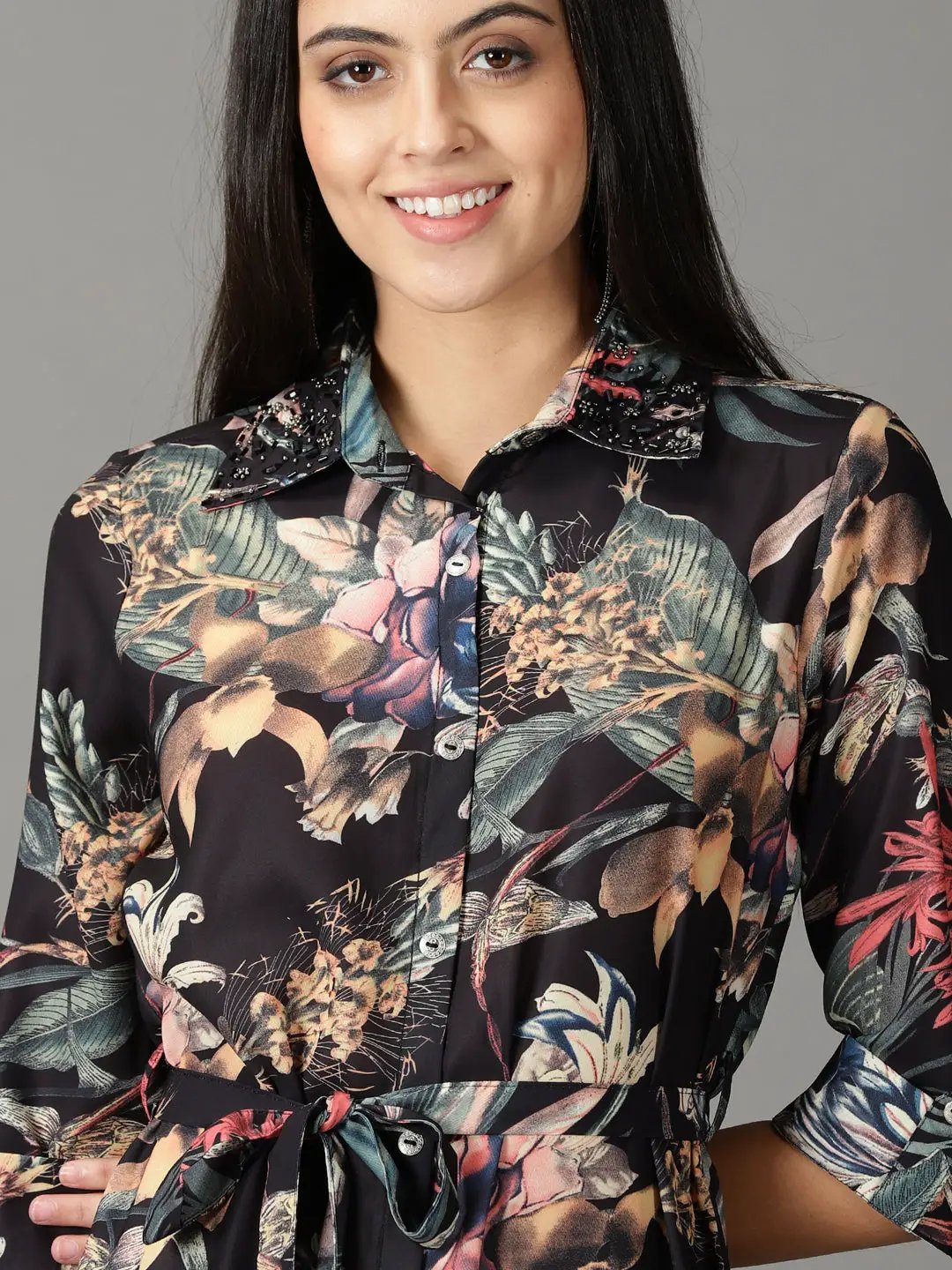Women's Black Printed Shirt Dress