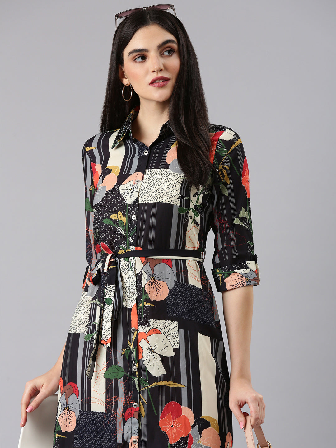 Women's Black Floral Printed Georgette Shirt Dress
