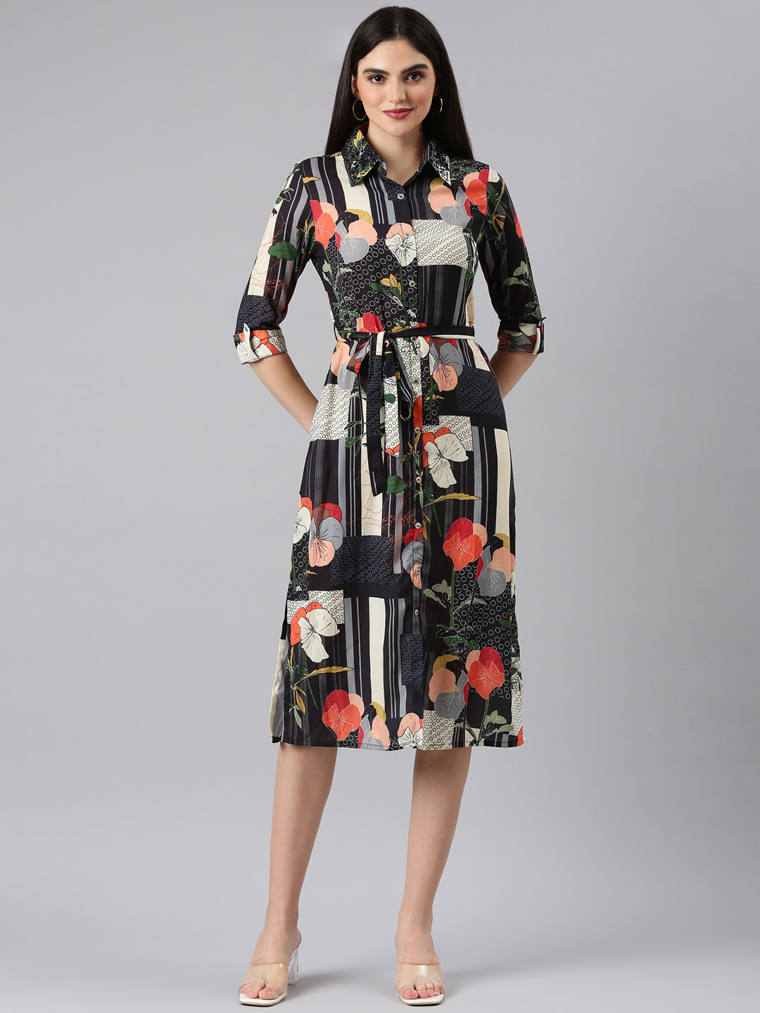 Women's Black Floral Printed Georgette Shirt Dress
