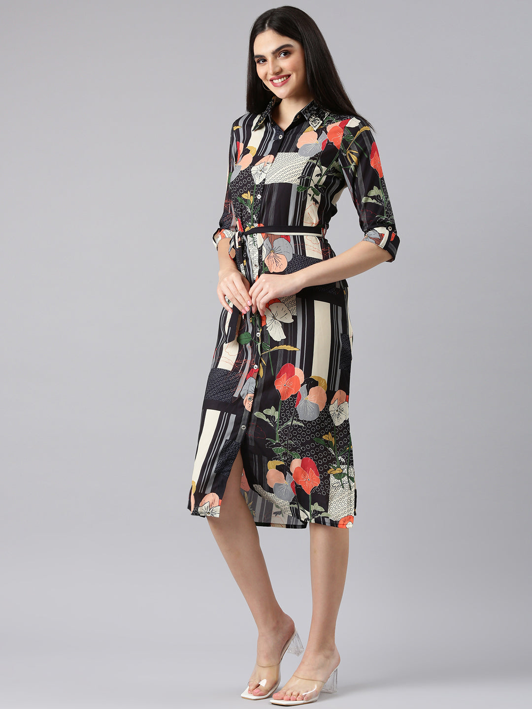 Women Black Floral Shirt Dress