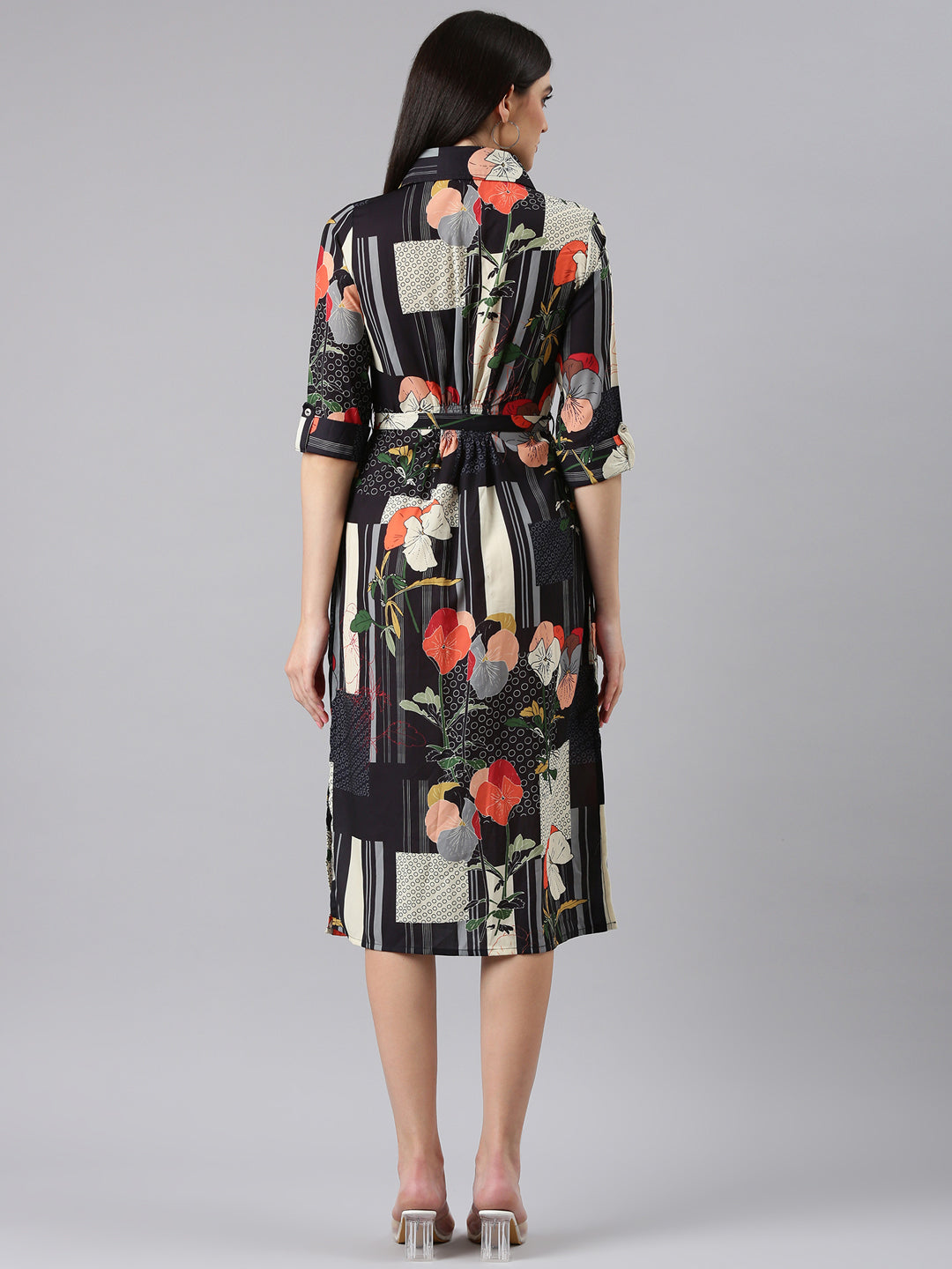 Women Black Floral Shirt Dress