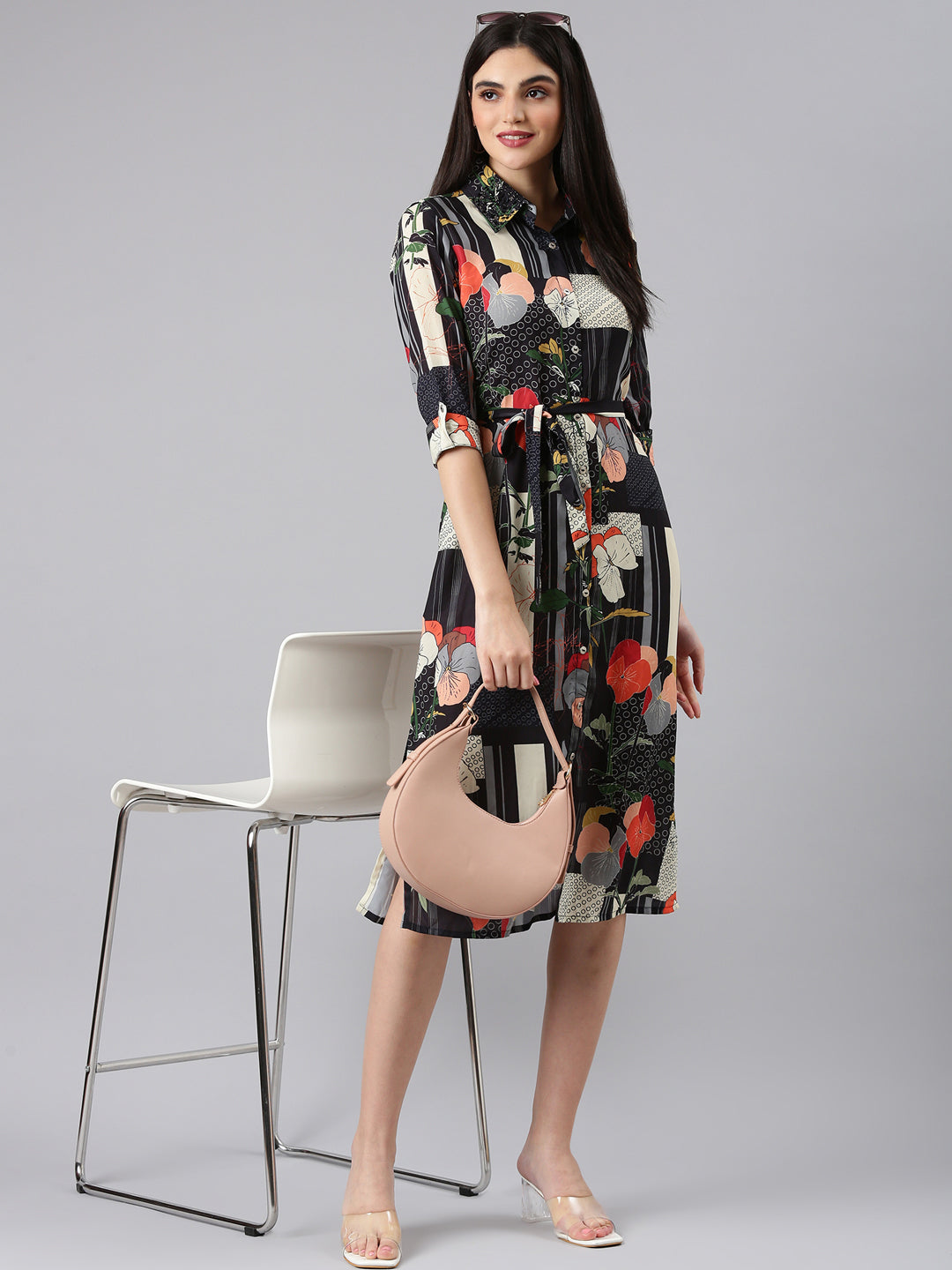 Women Black Floral Shirt Dress