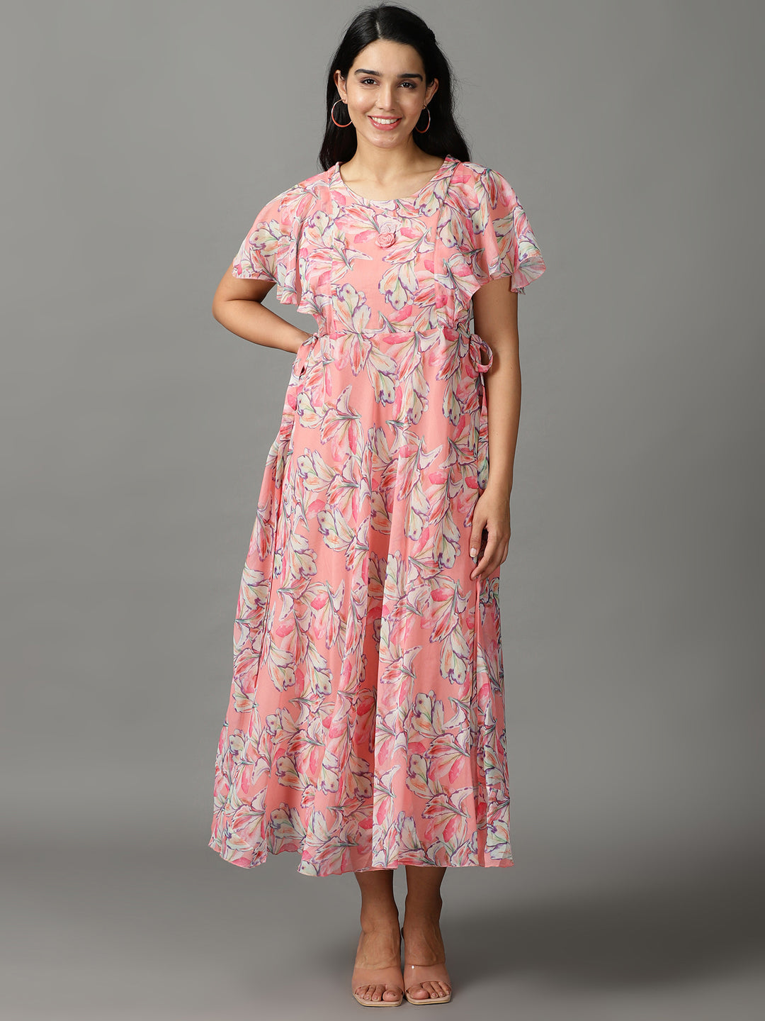 Women's Peach Floral Chiffon Maxi Dress
