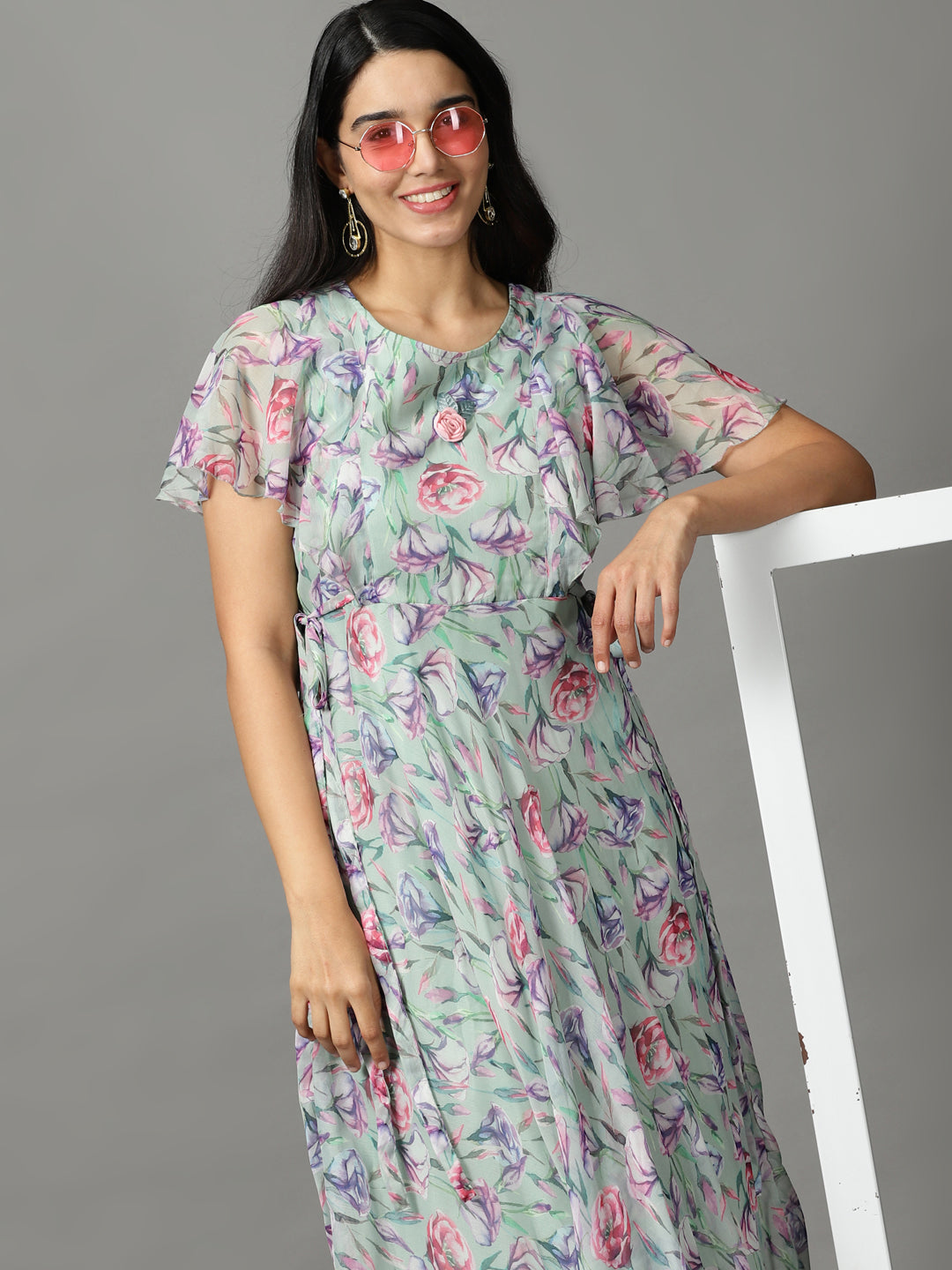 Women's Green Printed Empire Dress