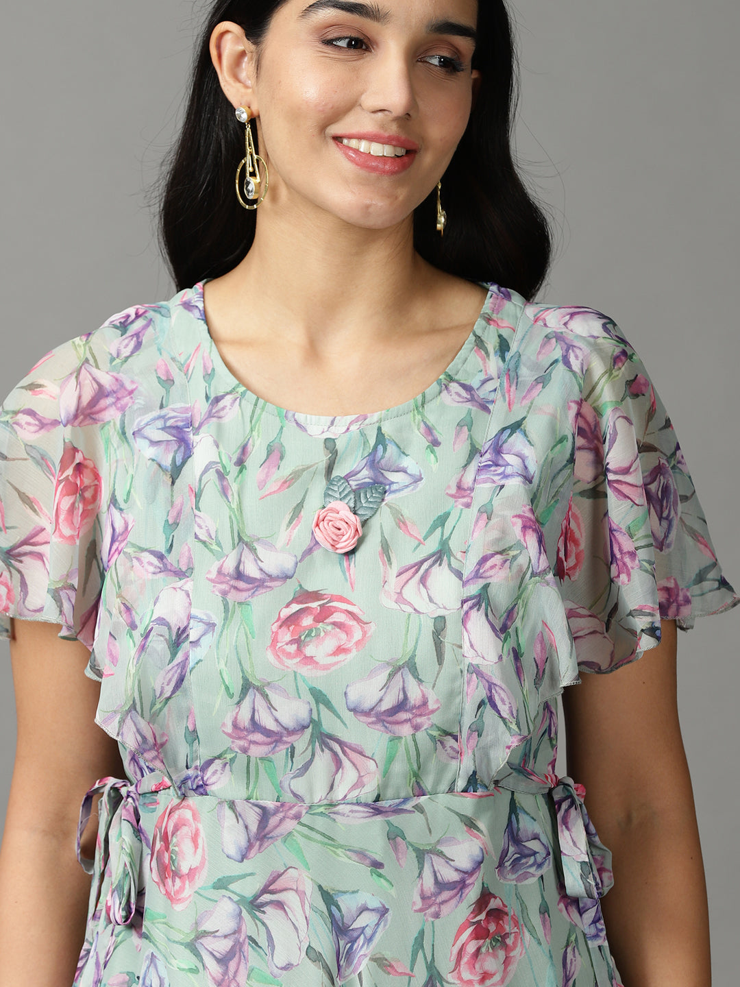 Women's Green Printed Empire Dress