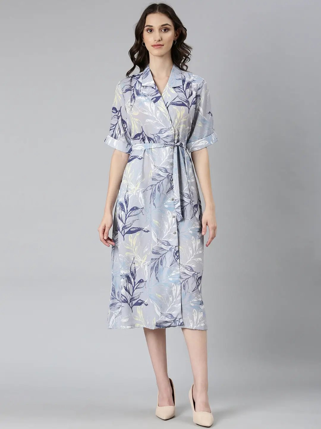 Women's Grey Tropical A-Line Dress