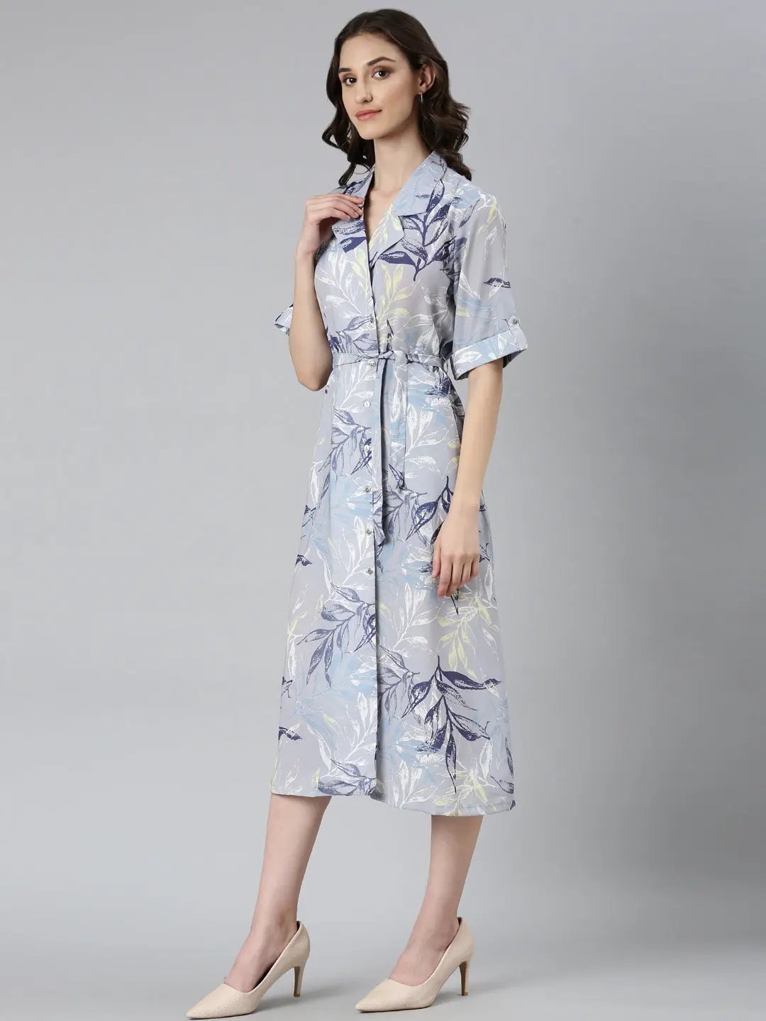 Women's Grey Tropical A-Line Dress