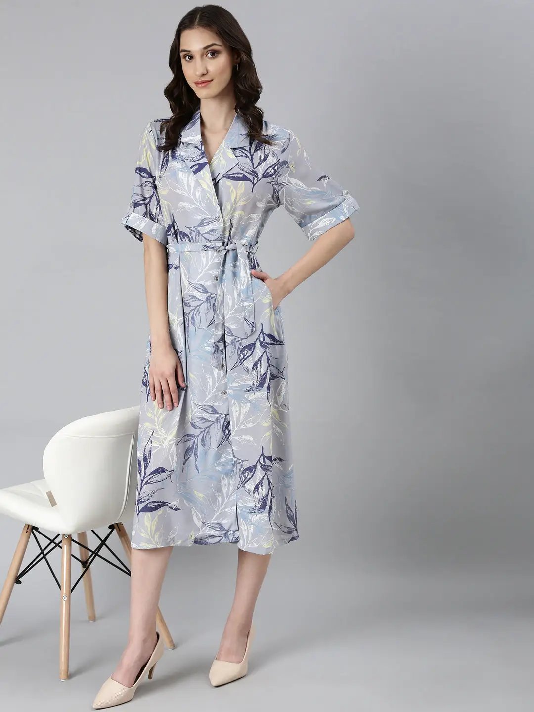Women's Grey Tropical A-Line Dress