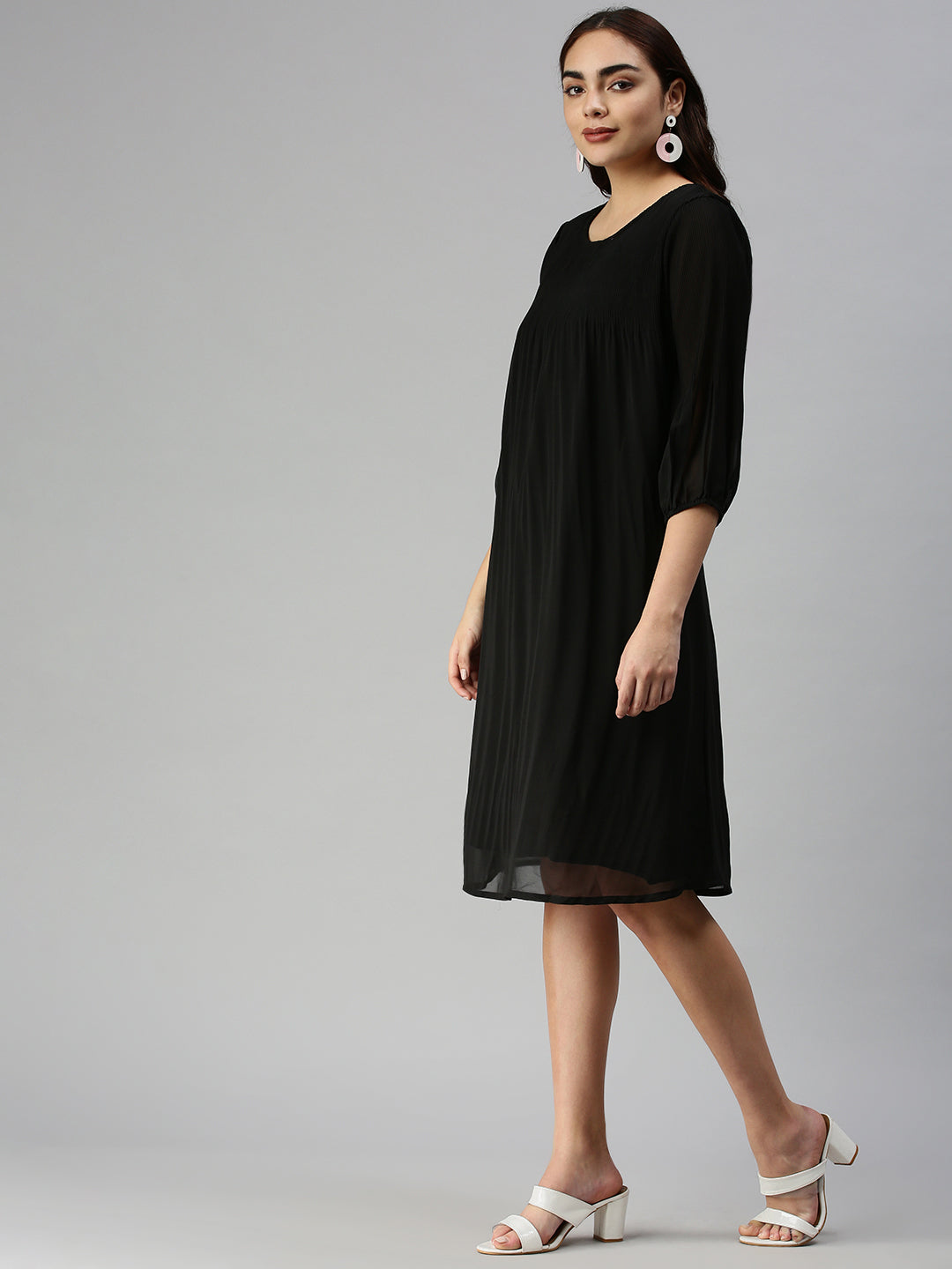 Women's Black Solid A-Line Dress