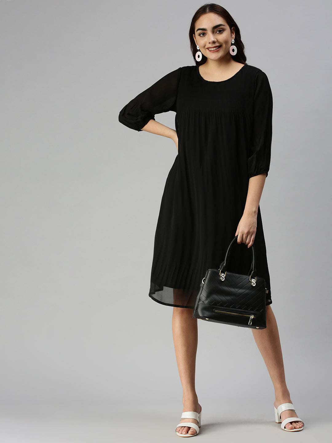 Women's Black Solid A-Line Dress