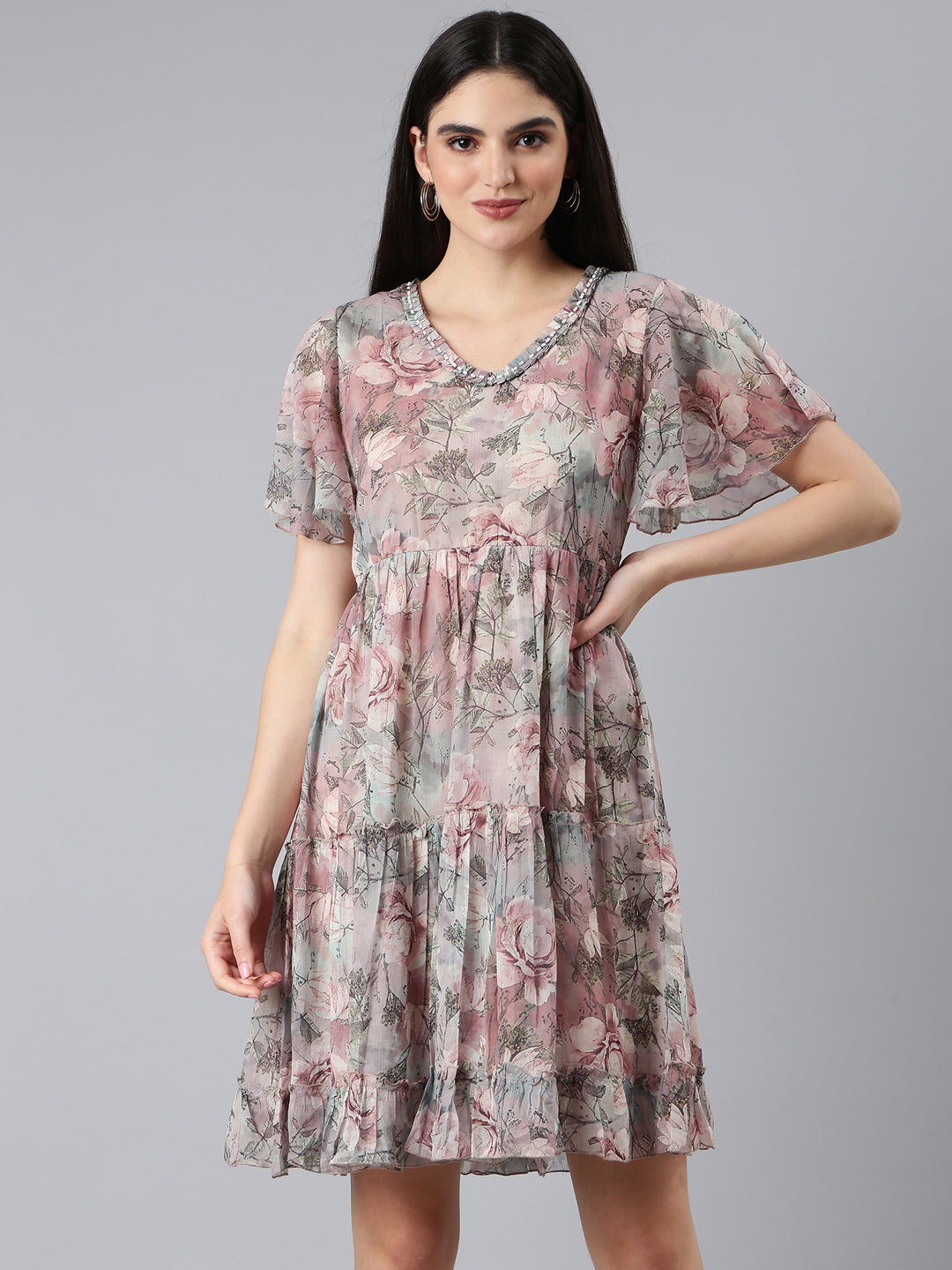 Women Grey Floral Empire Dress