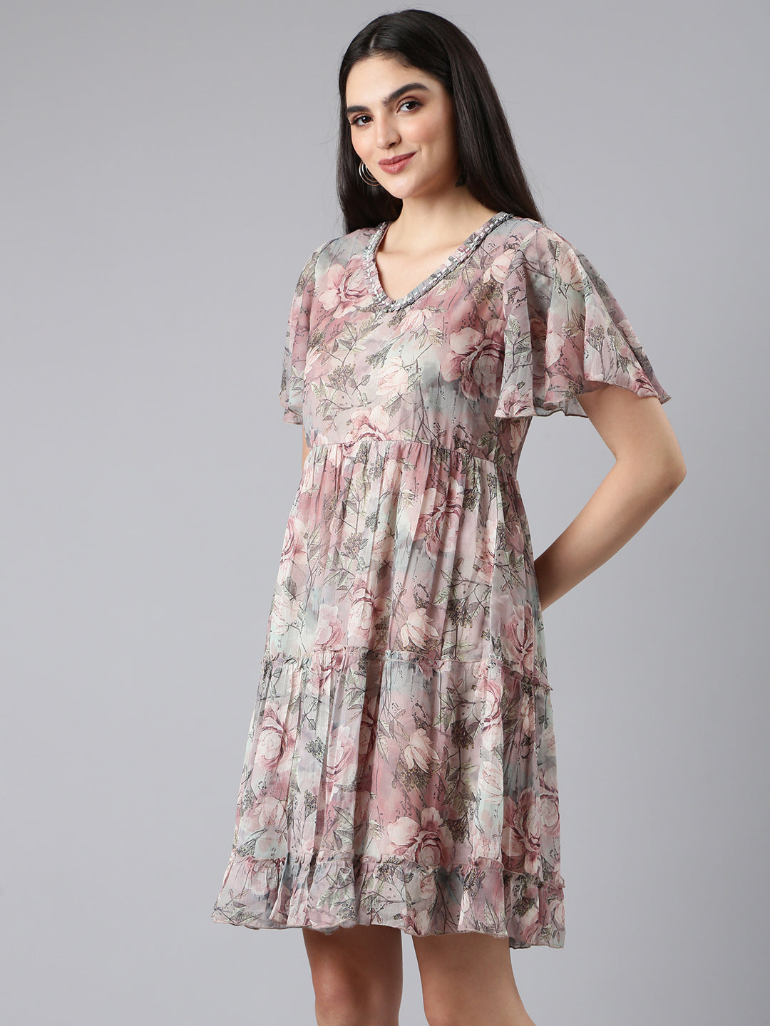 Women Grey Floral Empire Dress