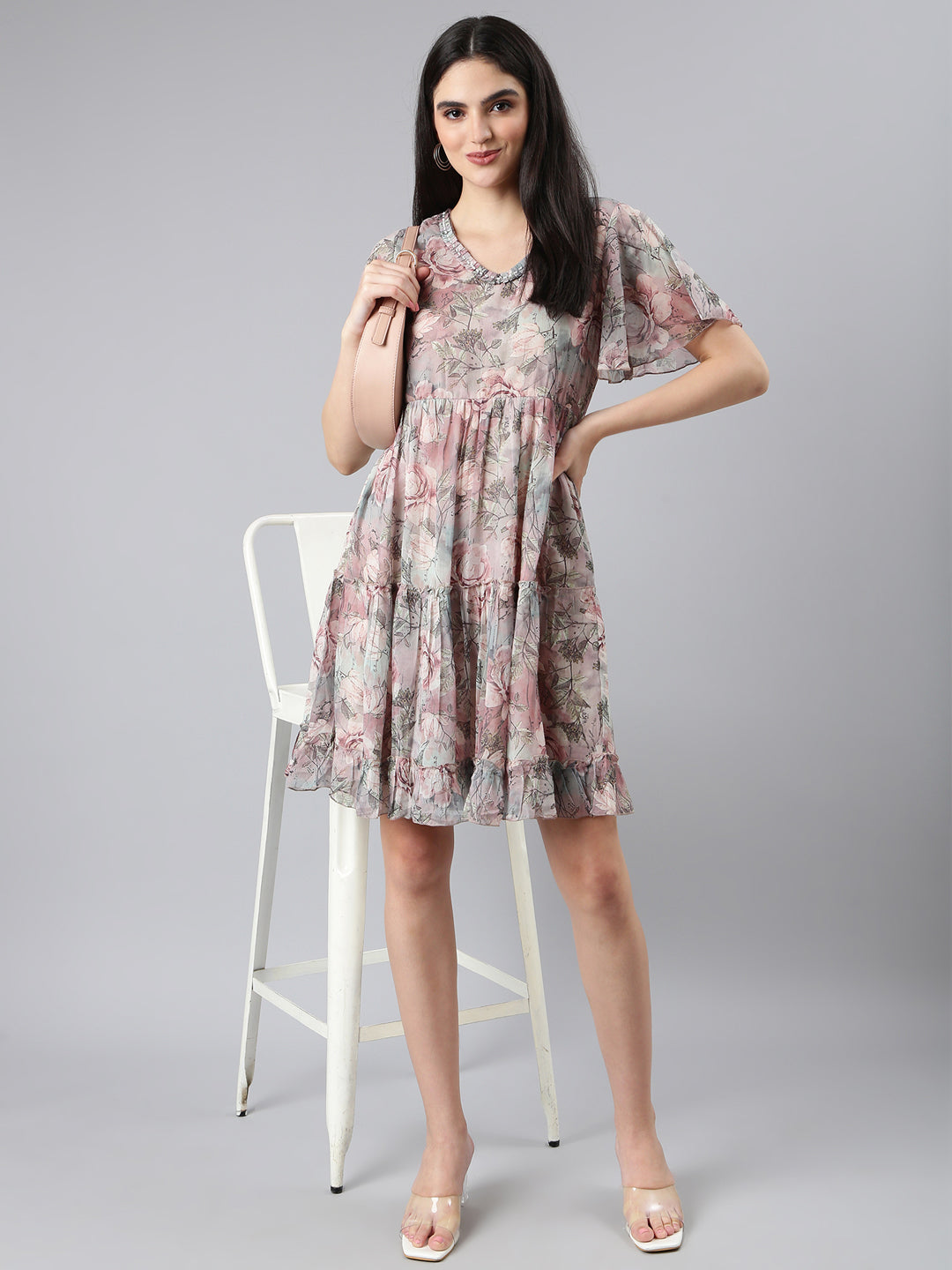 Women Grey Floral Empire Dress