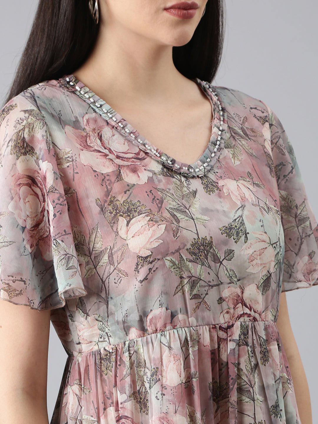 Women Grey Floral Empire Dress