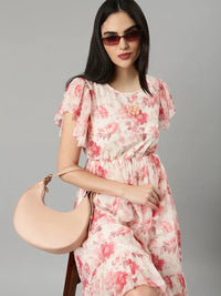 Women's Off White Floral Printed Flutter Sleeves Gathered & Tiered Detail Fit & Flare Dress