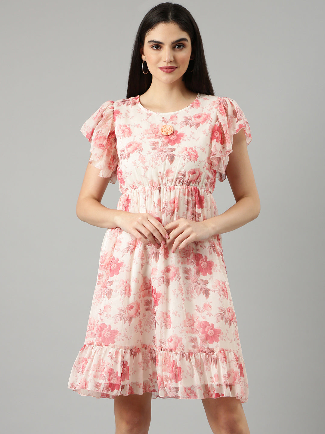 Women Off White Floral Fit and Flare Dress