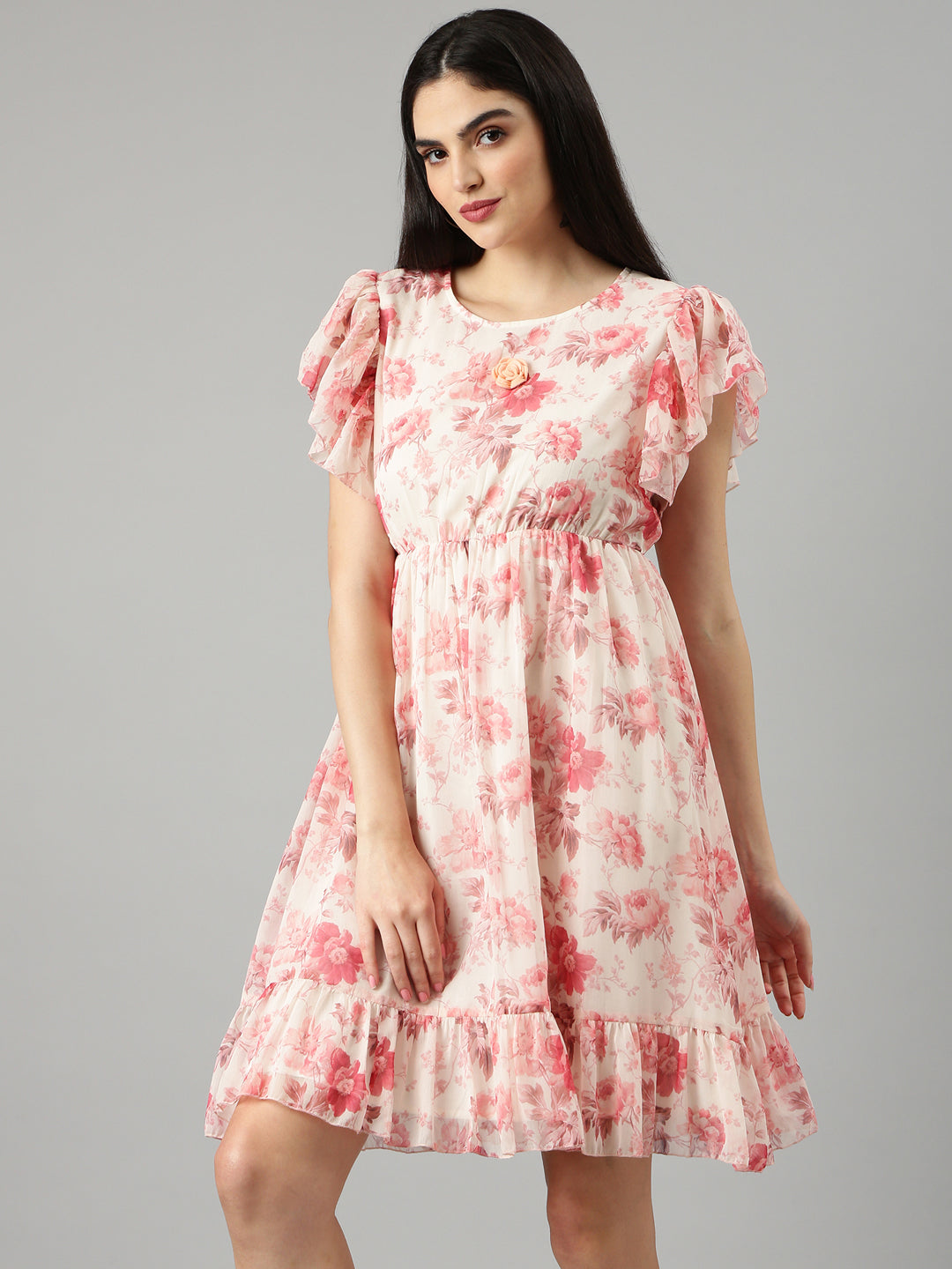 Women Off White Floral Fit and Flare Dress