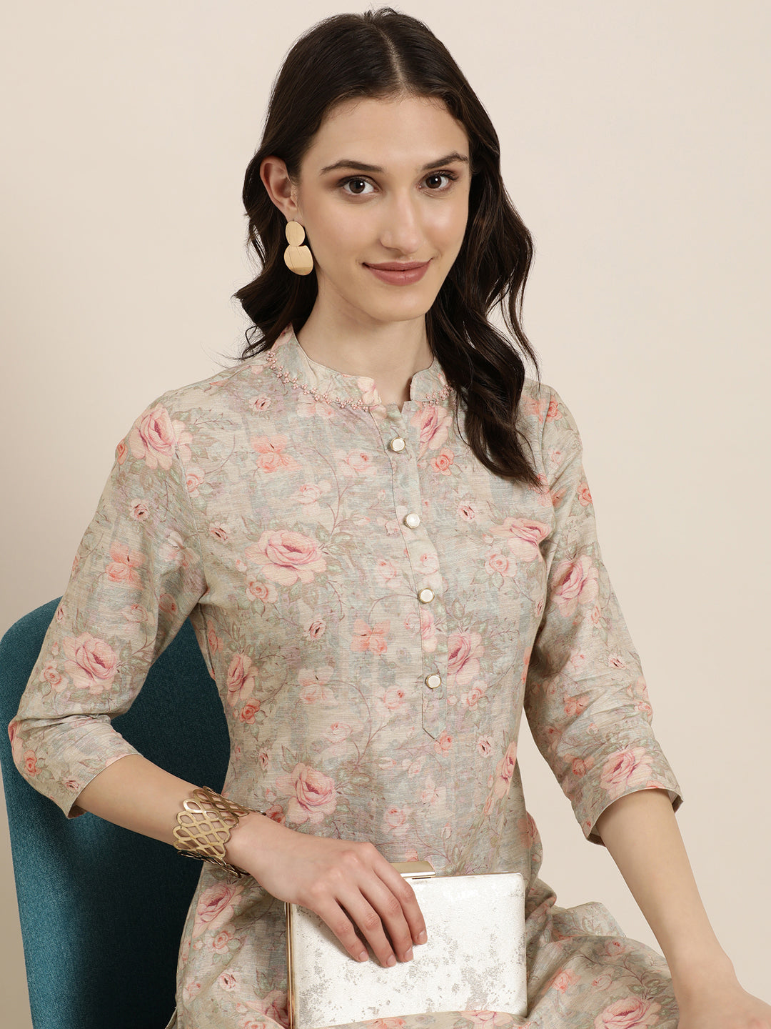 Women Beige Floral Kurta Set