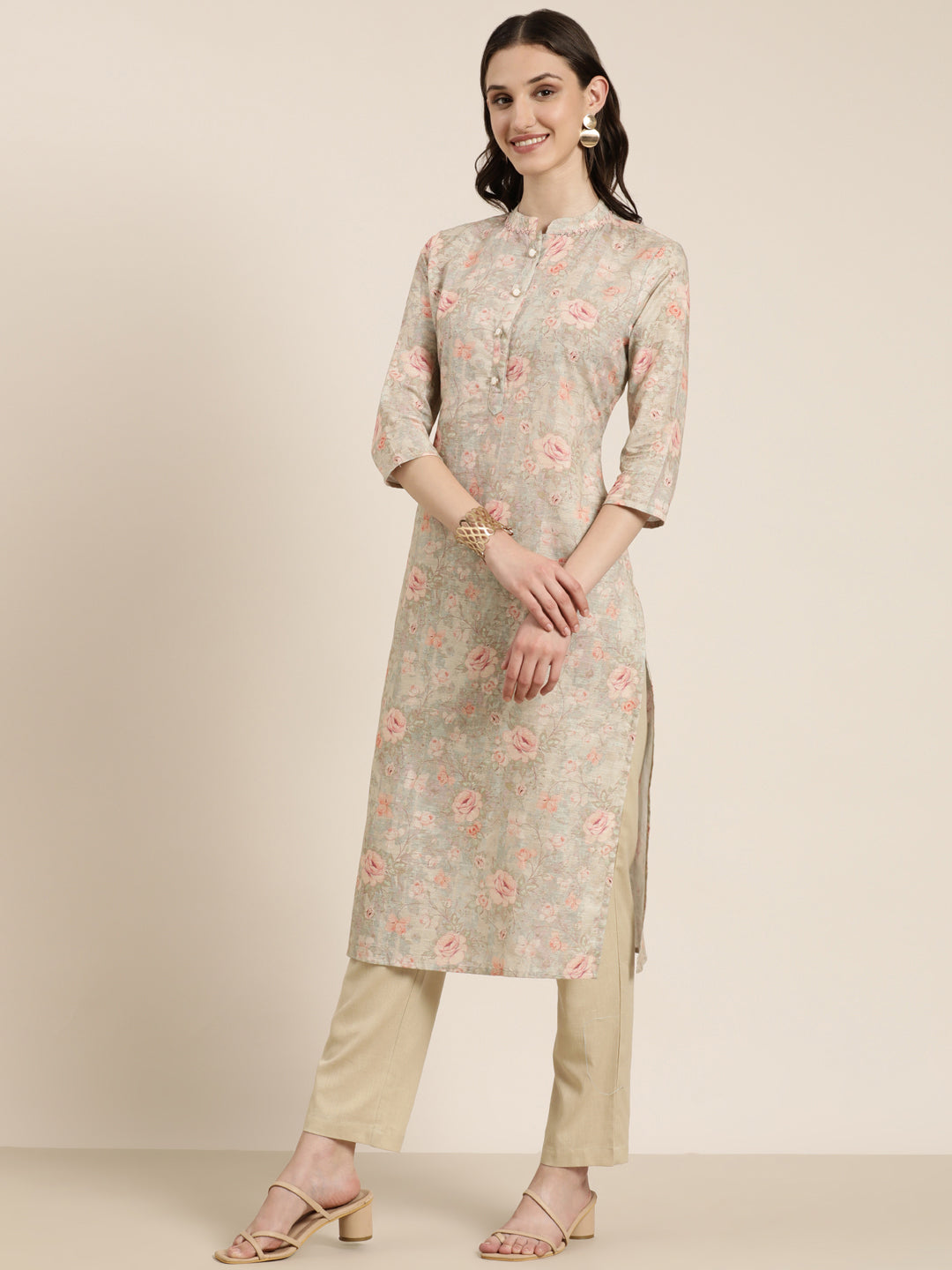 Women Beige Floral Kurta Set