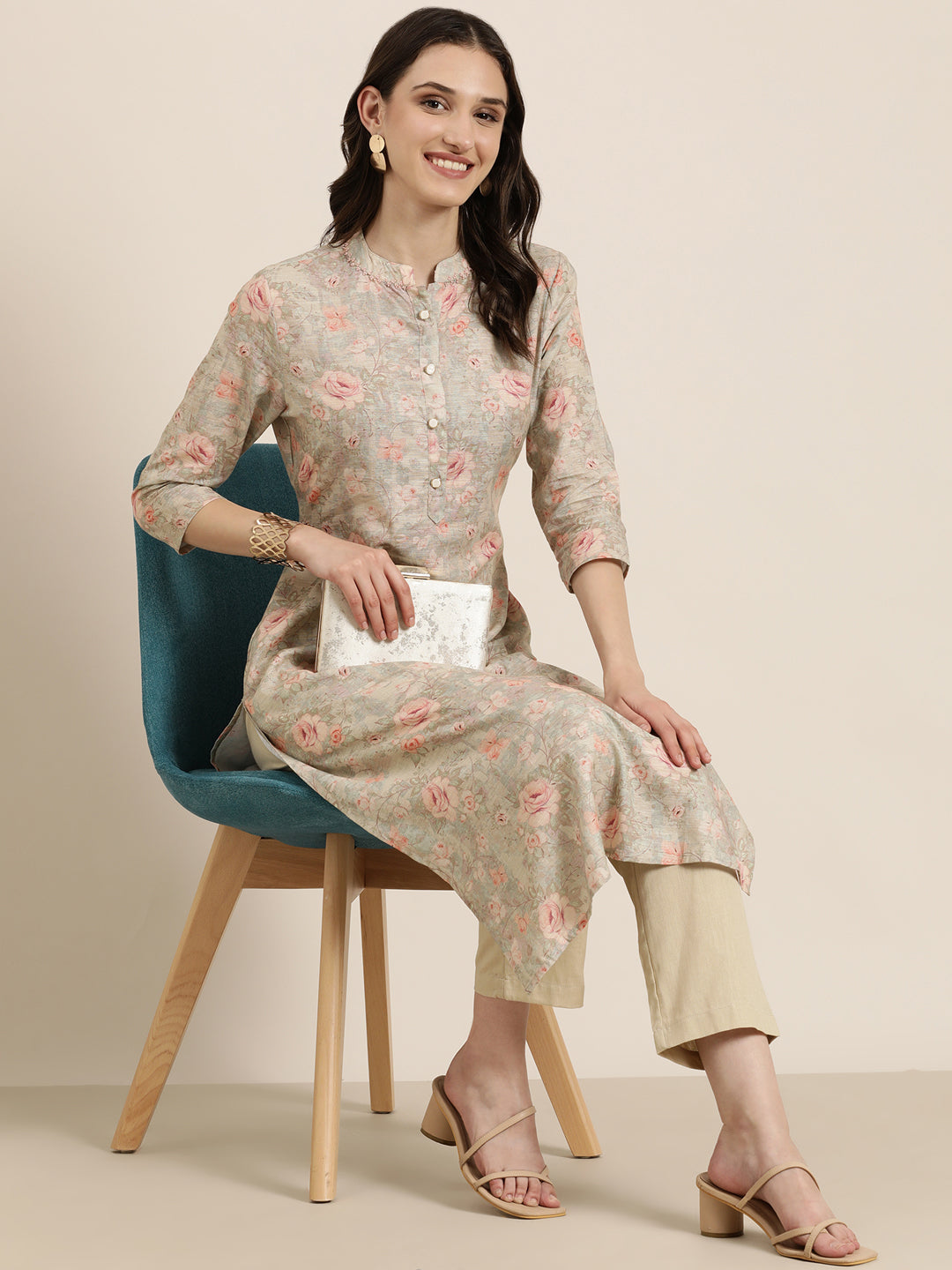 Women Beige Floral Kurta Set