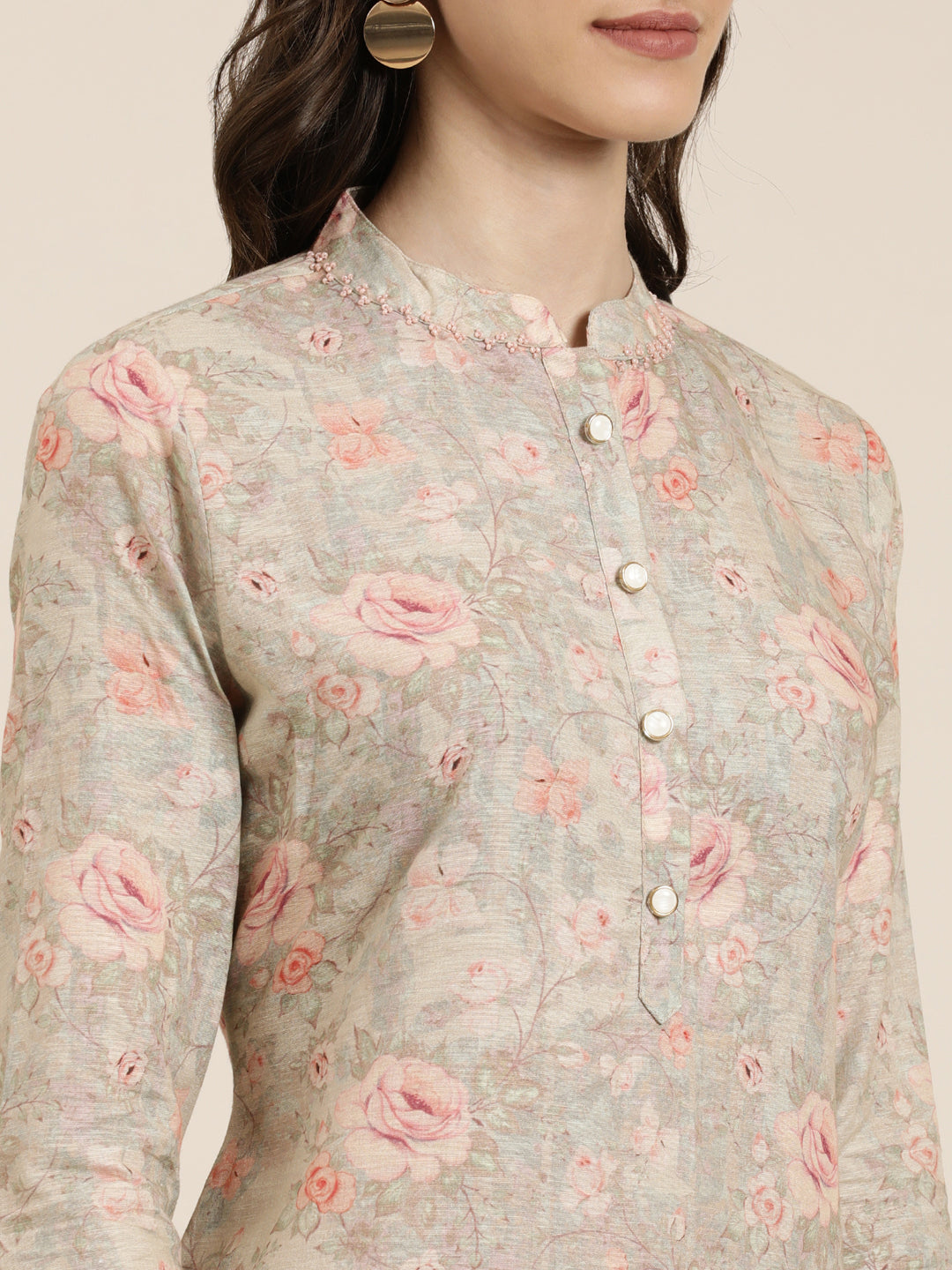 Women Beige Floral Kurta Set