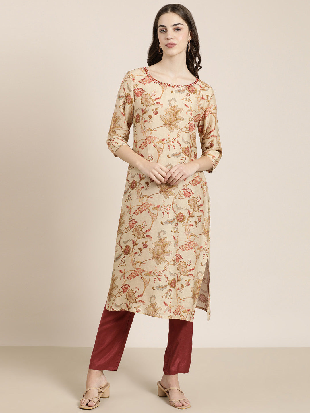 Women Beige Floral Kurta Set