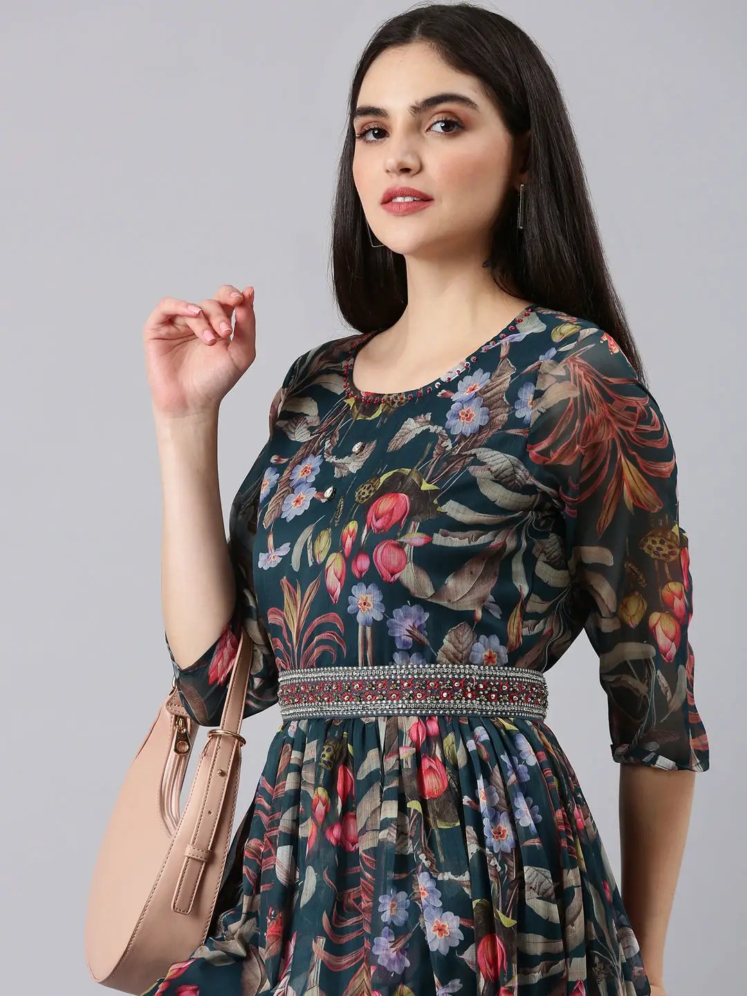 Women's Green Floral Fit and Flare Dress