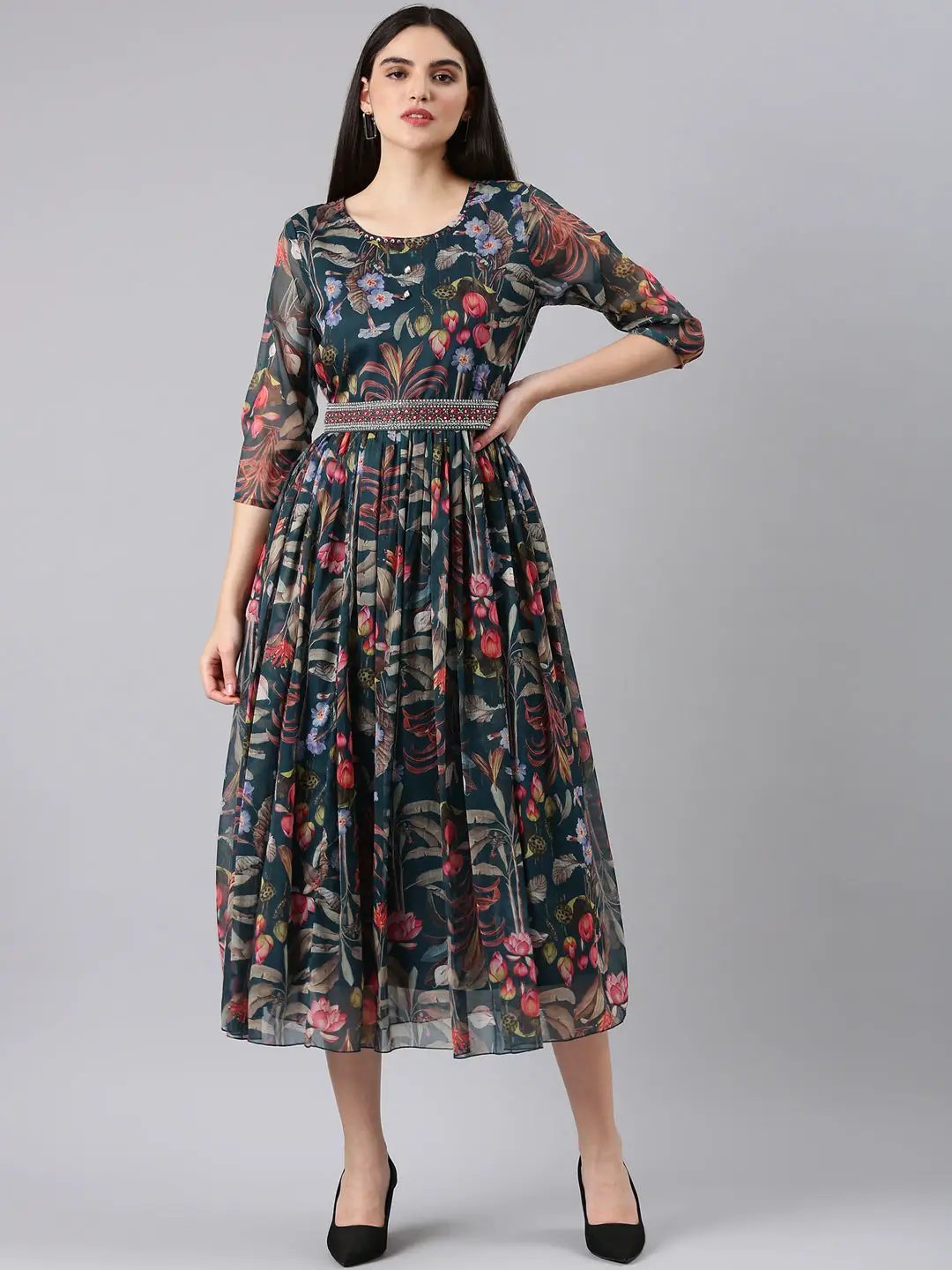 Women's Green Floral Fit and Flare Dress