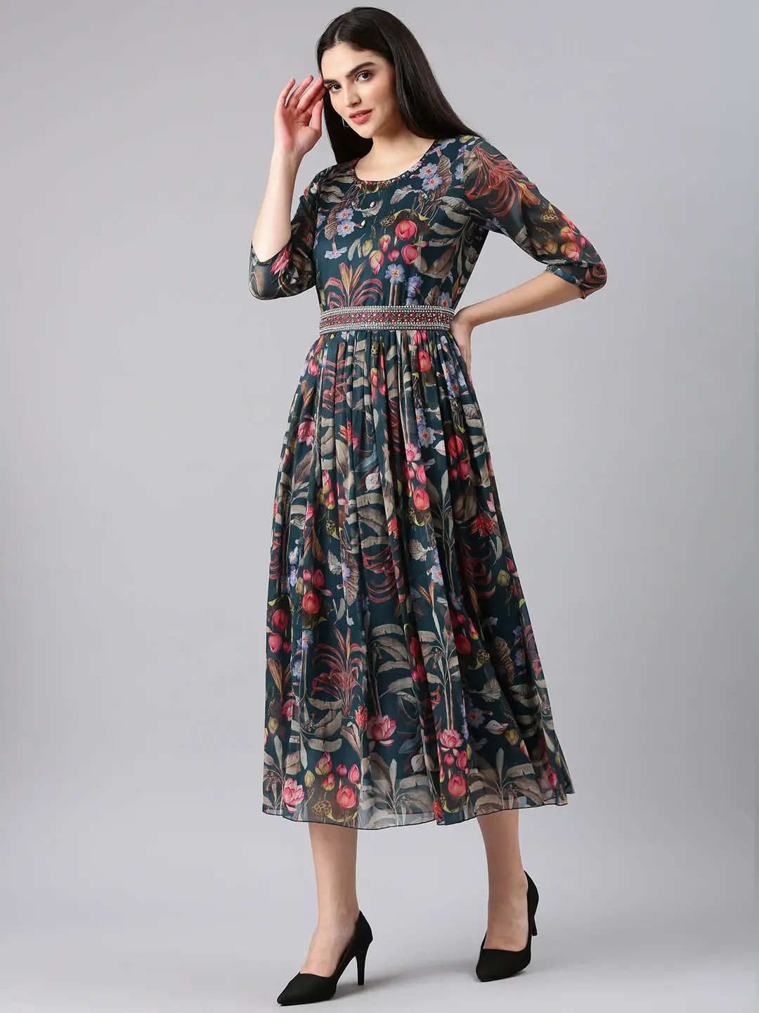 Women's Green Floral Fit and Flare Dress