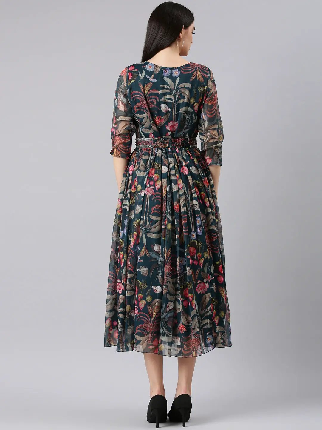 Women's Green Floral Fit and Flare Dress