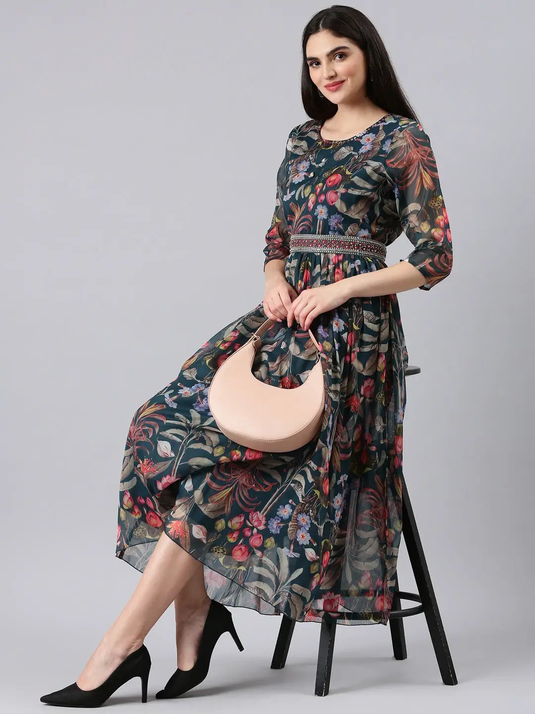 Women's Green Floral Fit and Flare Dress