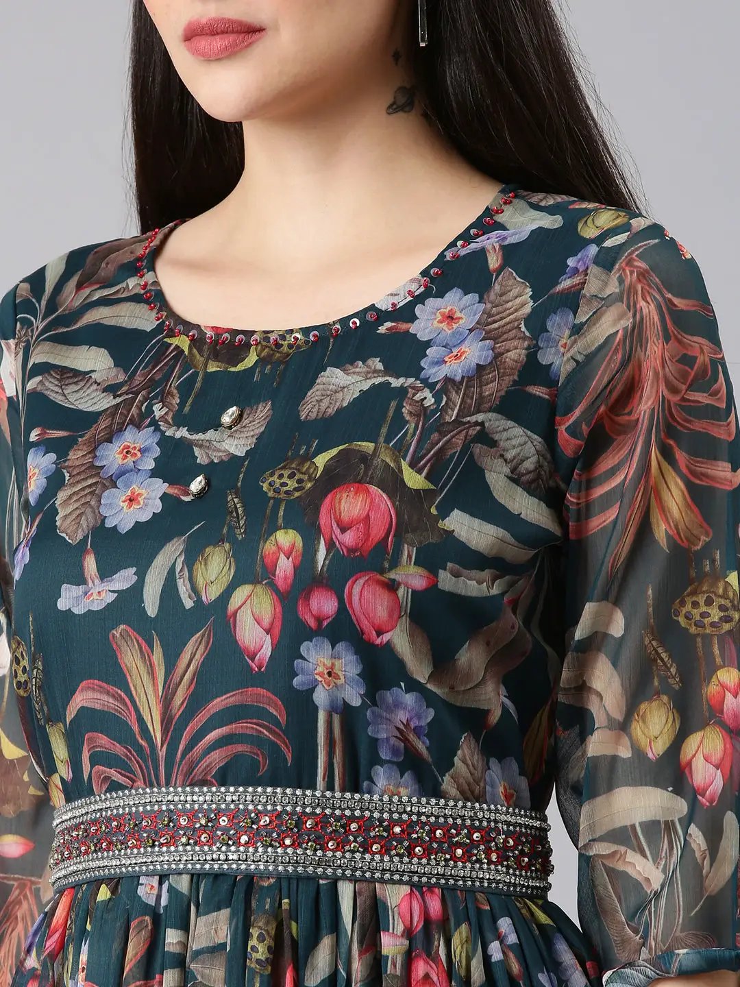 Women's Green Floral Fit and Flare Dress