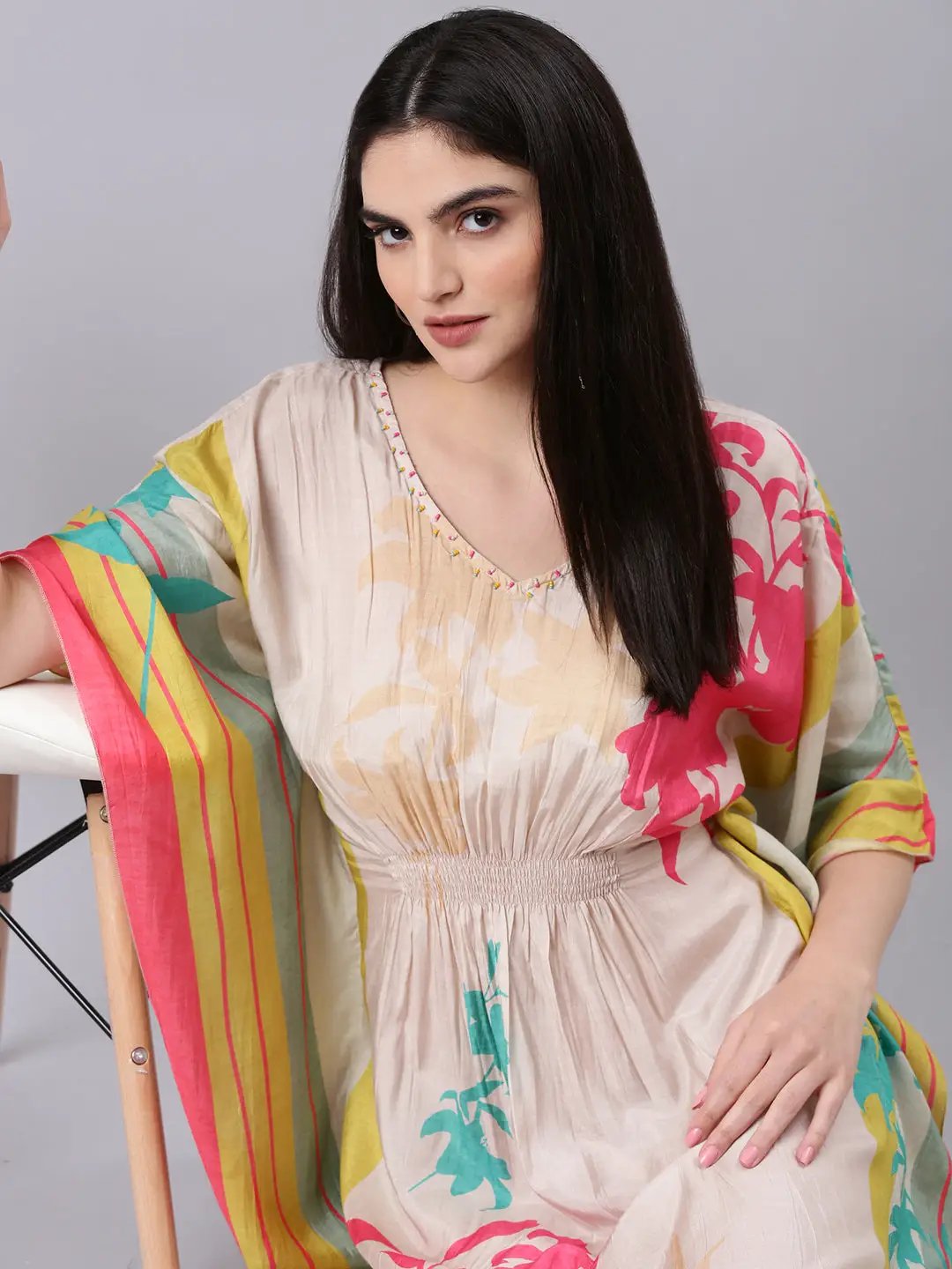 Women's Beige Floral Kaftan Dress