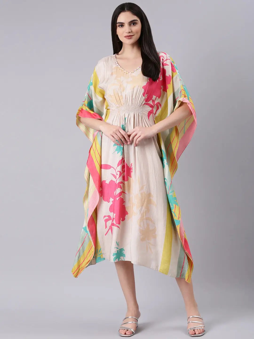 Women's Beige Floral Kaftan Dress