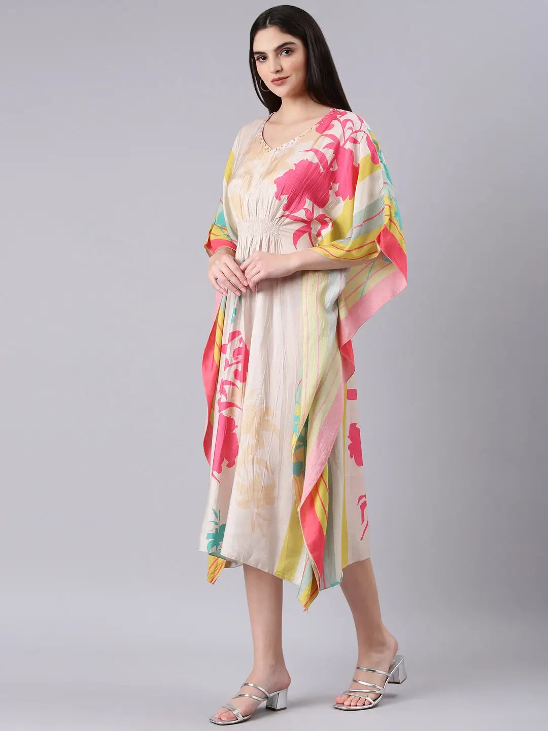 Women's Beige Floral Kaftan Dress