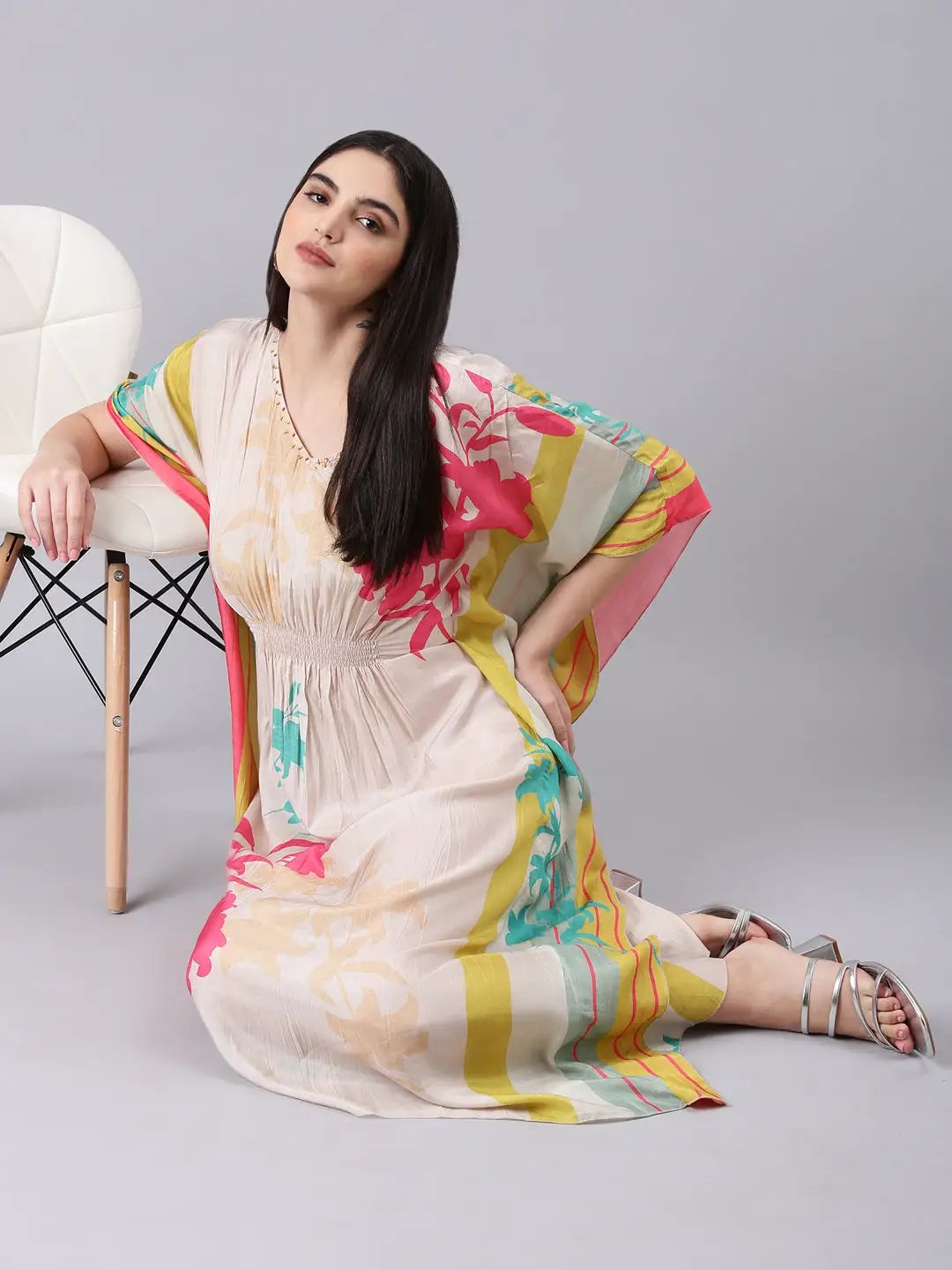 Women's Beige Floral Kaftan Dress