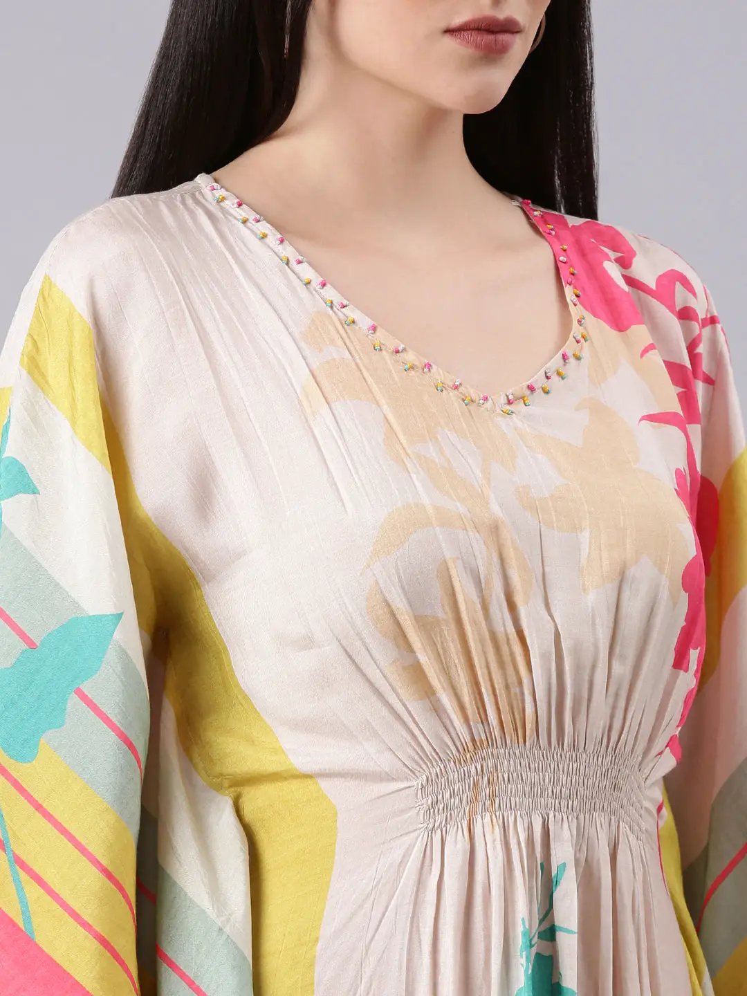 Women's Beige Floral Kaftan Dress